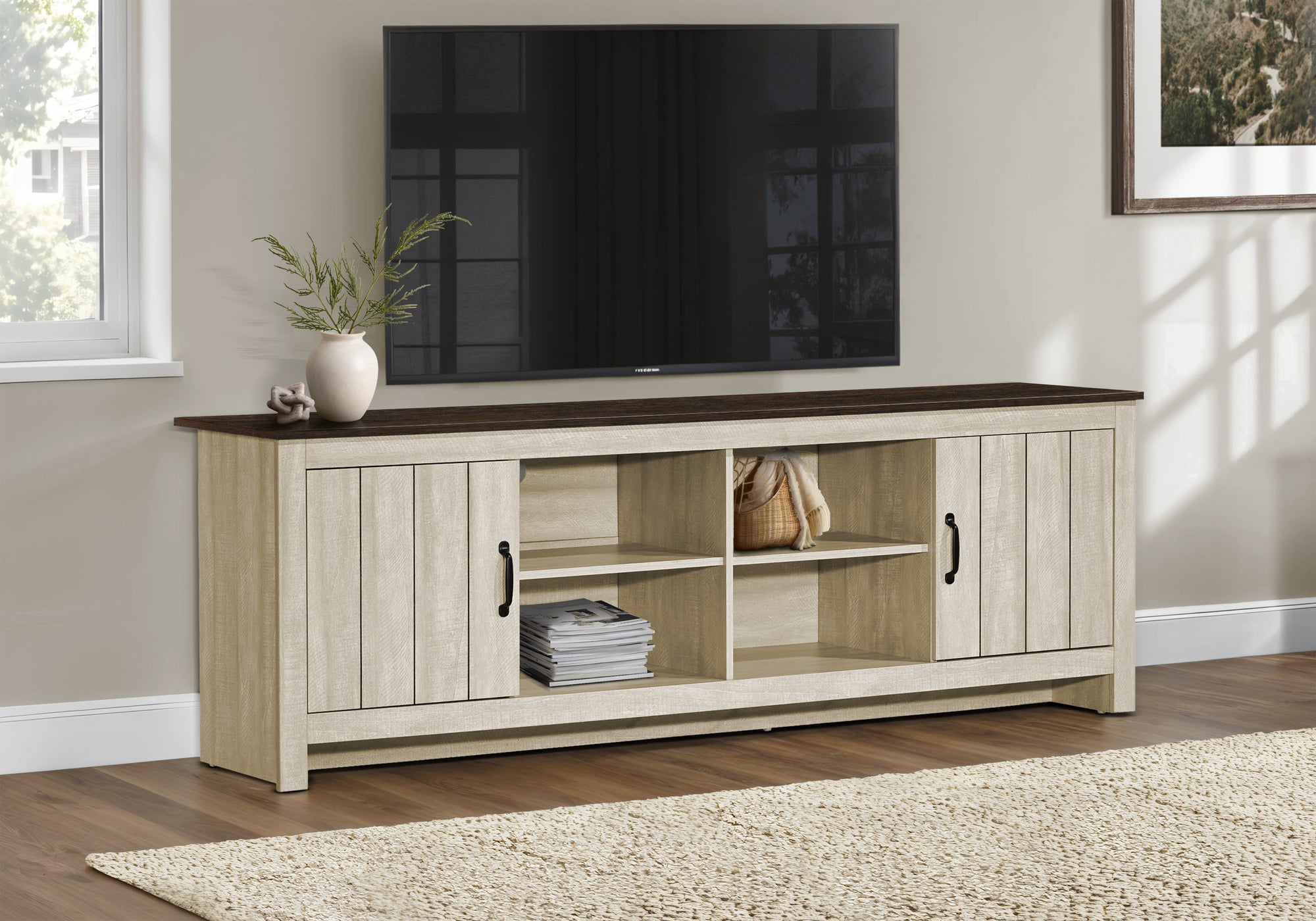 Tv Stand, 72 Inch, Console, Media Entertainment Center, Storage Cabinet, Living Room, Beige Laminate, Brown Oak Laminate, Contem