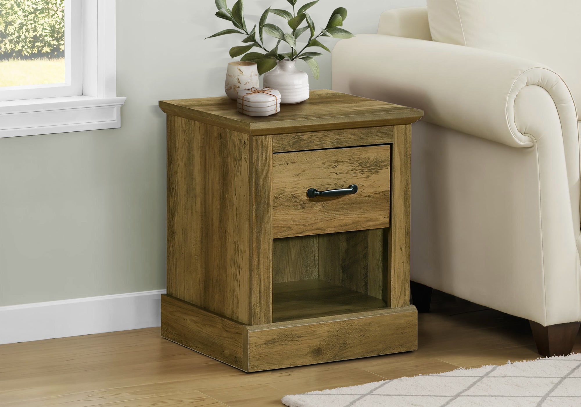 Accent Table, 21H, End, Side Table, Storage Drawer, Nightstand, Lamp, Living Room, Bedroom, Dark Brown Oak Laminate, Transitiona