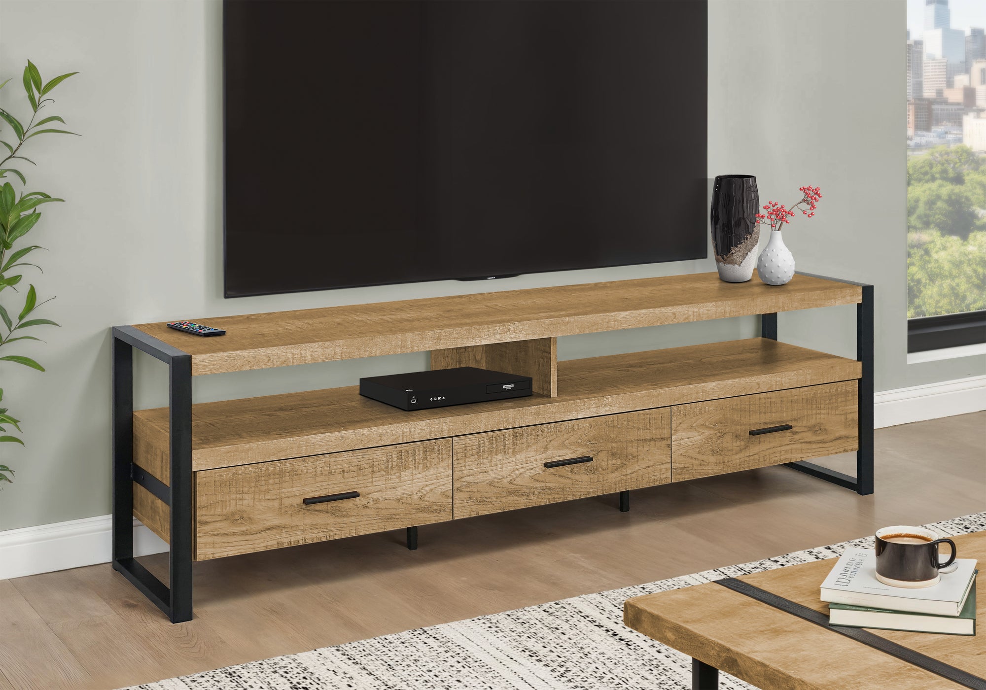 Tv Stand, 72 Inch, Console, Media Entertainment Center, Storage Drawers, Living Room, Mango Wood-look, Black Metal, Contemporary
