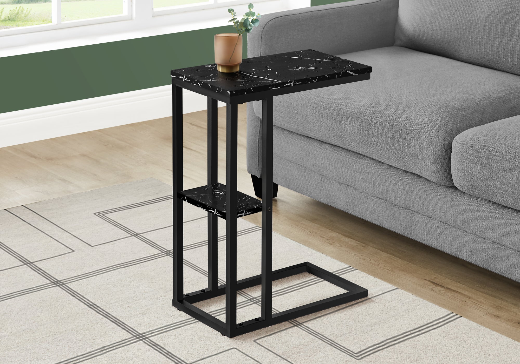 Monarch Specialties I 3674 Accent Table, C-Shaped, End, Side, Snack, Living Room, Bedroom, Metal, Laminate, Black Marble Look, Contemporary, Modern
