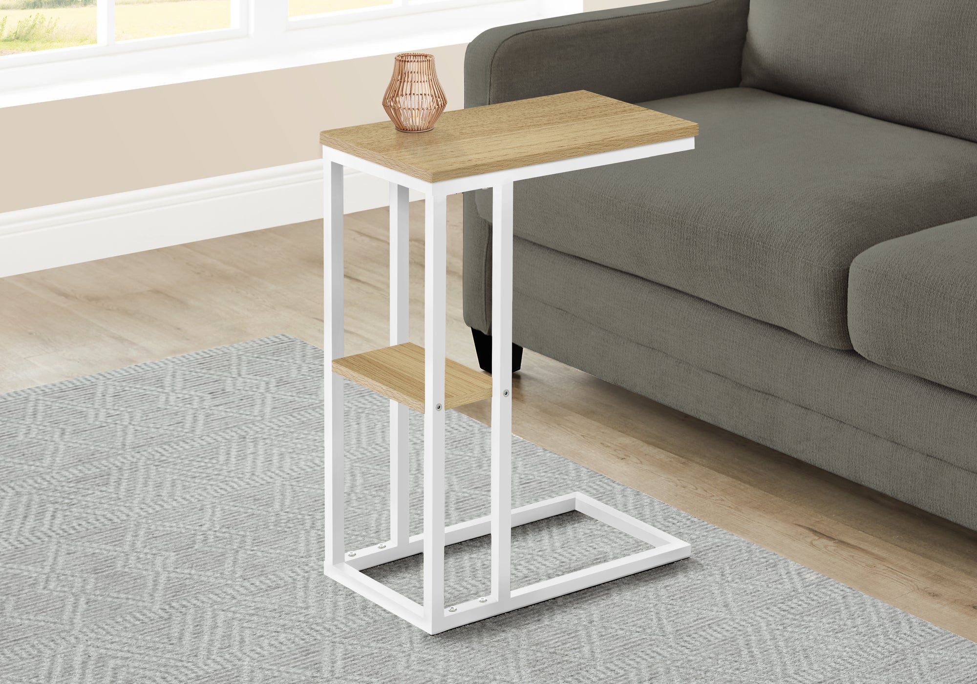 Monarch Specialties 3677 Accent Table, C-shaped, End, Side, Snack, Living Room, Bedroom, Metal, Laminate, Natural, White, Contemporary, Modern Table-25, 18.25&quot; L x 10.25&quot; W x 25.25&quot; H