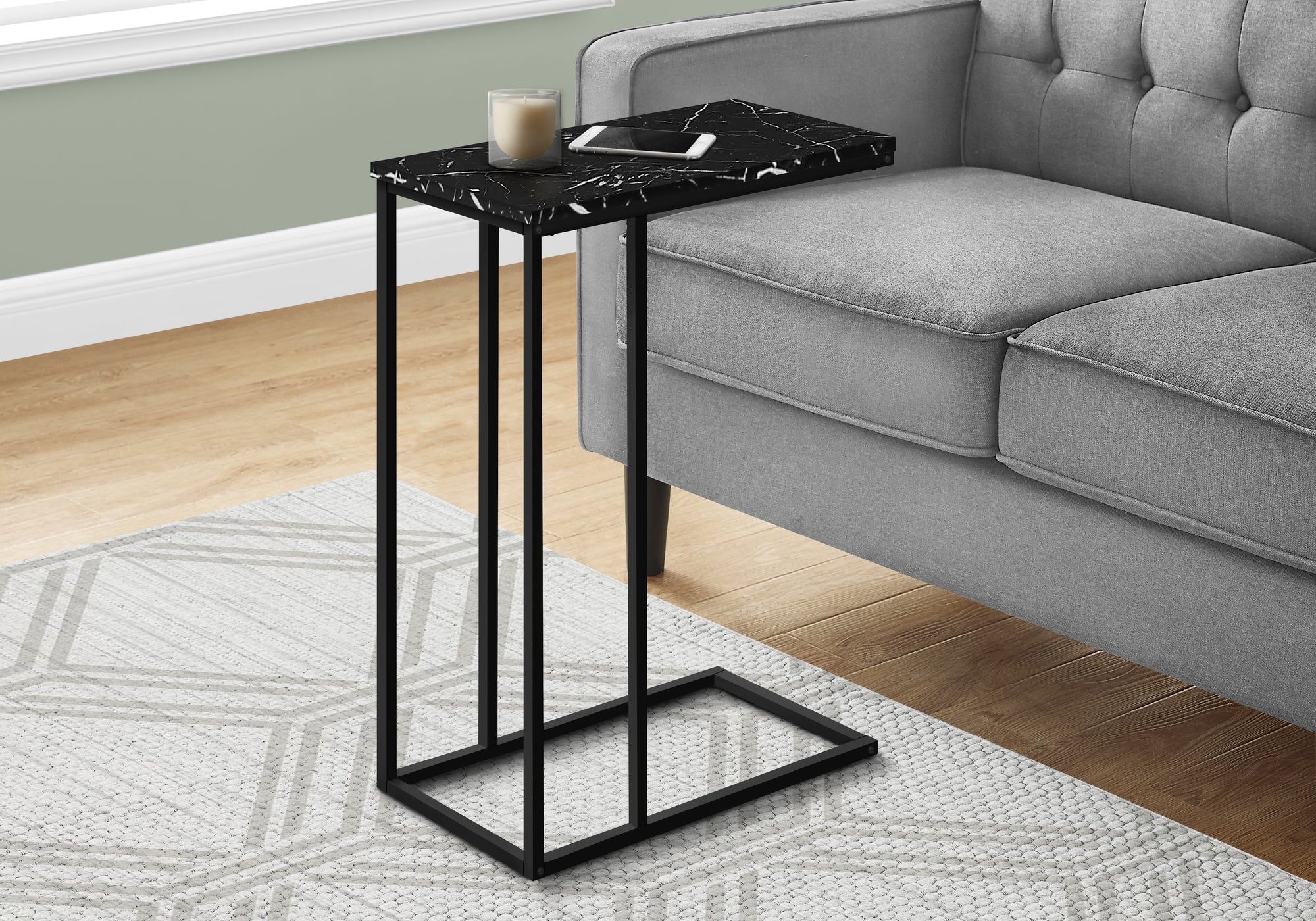 Monarch Specialties 3763 Accent Table, C-shaped, End, Side, Snack, Living Room, Bedroom, Metal, Laminate, Black Marble Look, Contemporary, Modern Table-25, 15.75&quot; L x 9.45&quot; W x 24&quot; H