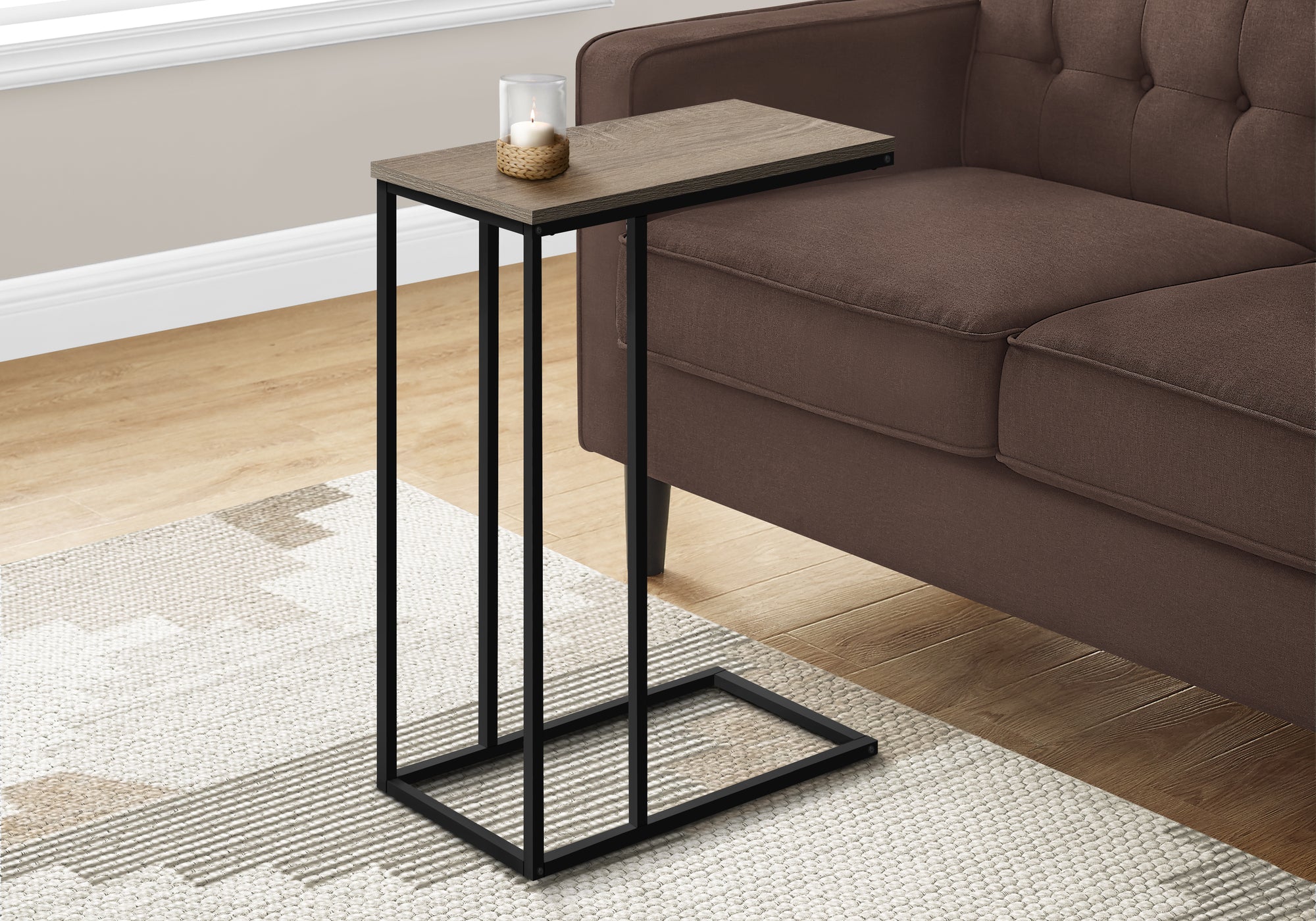 Monarch Specialties 3766 Accent Table, C-shaped, End, Side, Snack, Living Room, Bedroom, Metal, Laminate, Brown, Black, Contemporary, Modern Table-25, 15.75&quot; L x 9.45&quot; W x 24&quot; H, Dark Taupe Wood-Look
