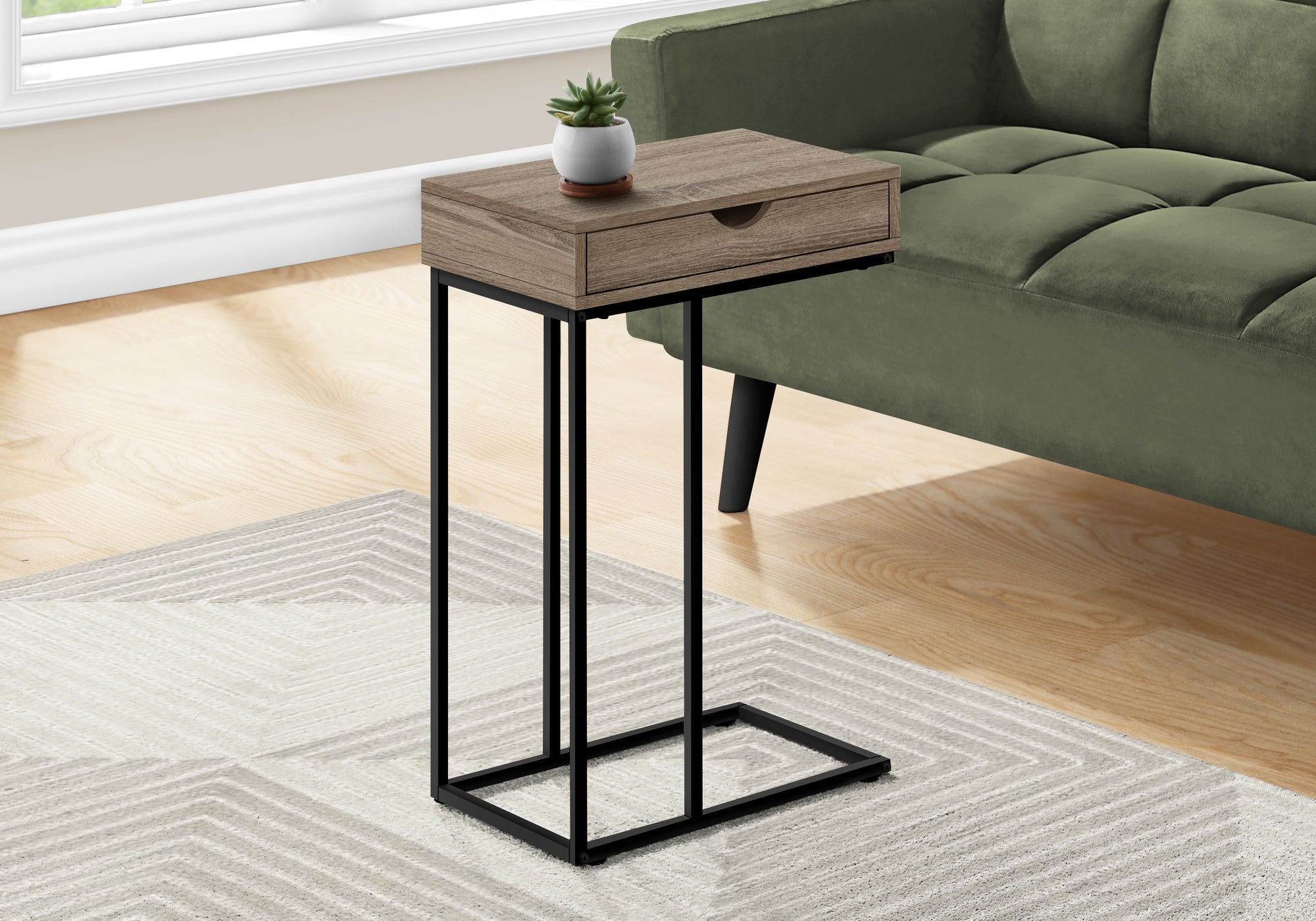 Monarch Specialties I 3771 Accent Table, C-Shaped, End, Side, Snack, Storage Drawer, Living Room, Bedroom, Metal, Laminate, Brown, Black, Contemporary, Modern