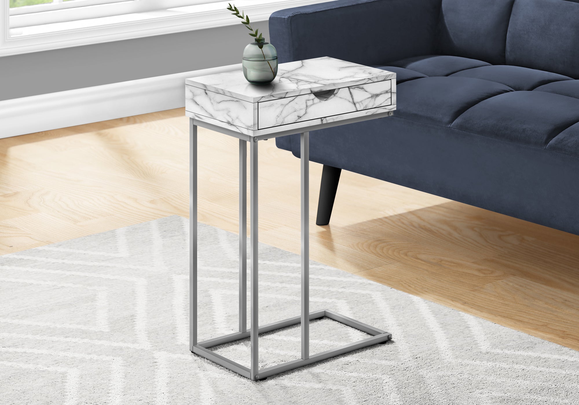 Monarch Specialties I 3772 Accent Table, C-Shaped, End, Side, Snack, Storage Drawer, Living Room, Bedroom, Metal, Laminate, White Marble Look, Grey