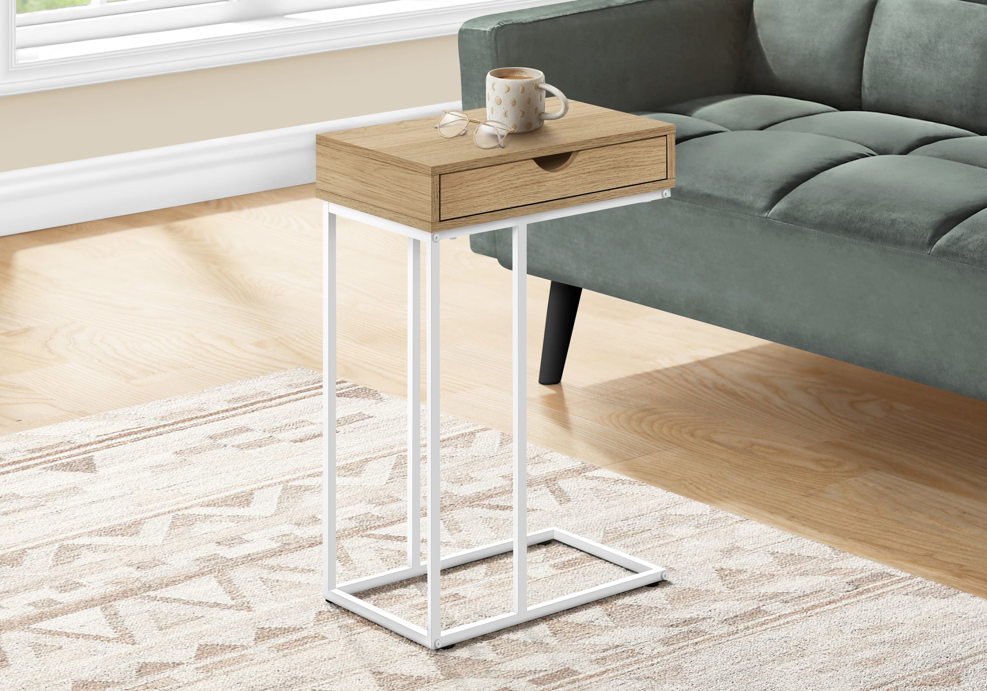 Monarch Specialties 3775 Accent Table, C-shaped, End, Side, Snack, Storage Drawer, Living Room, Bedroom, Metal, Laminate, Natural, White, Contemporary, Modern Table-25, 15.75&quot; L x 9.45&quot; W x 24&quot; H