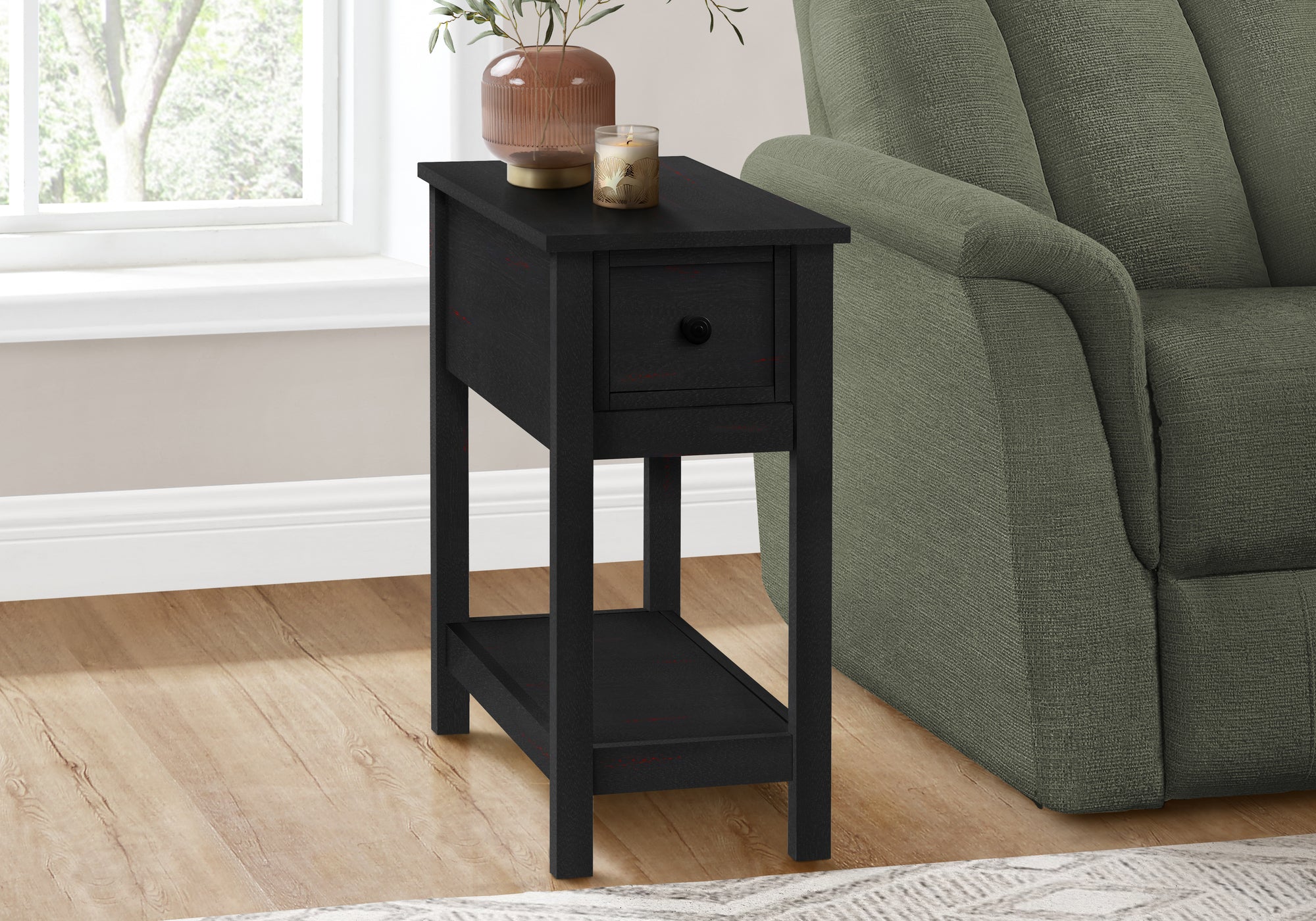 Accent Table, 2 Tier, End, Lamp, Nightstand, Side Table, Narrow, Small, Storage Drawer, Bedroom, Black Veneer, Transitional