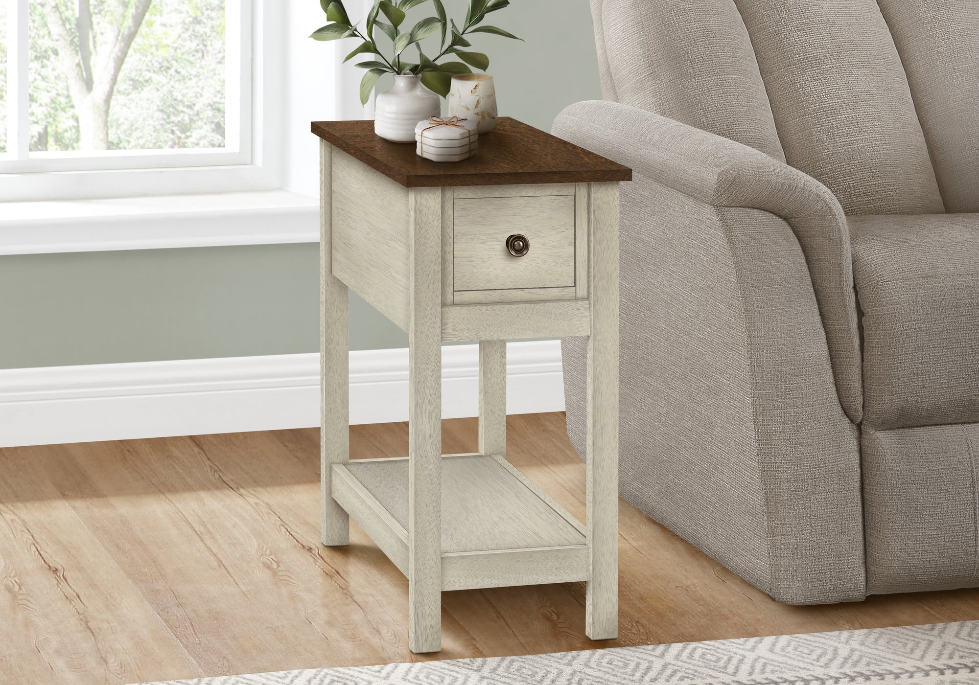 Accent Table, End, Side Table, 2 Tier, Narrow, Bedroom, Lamp, Storage Drawer, Antique White Veneer, Brown Veneer, Transitional