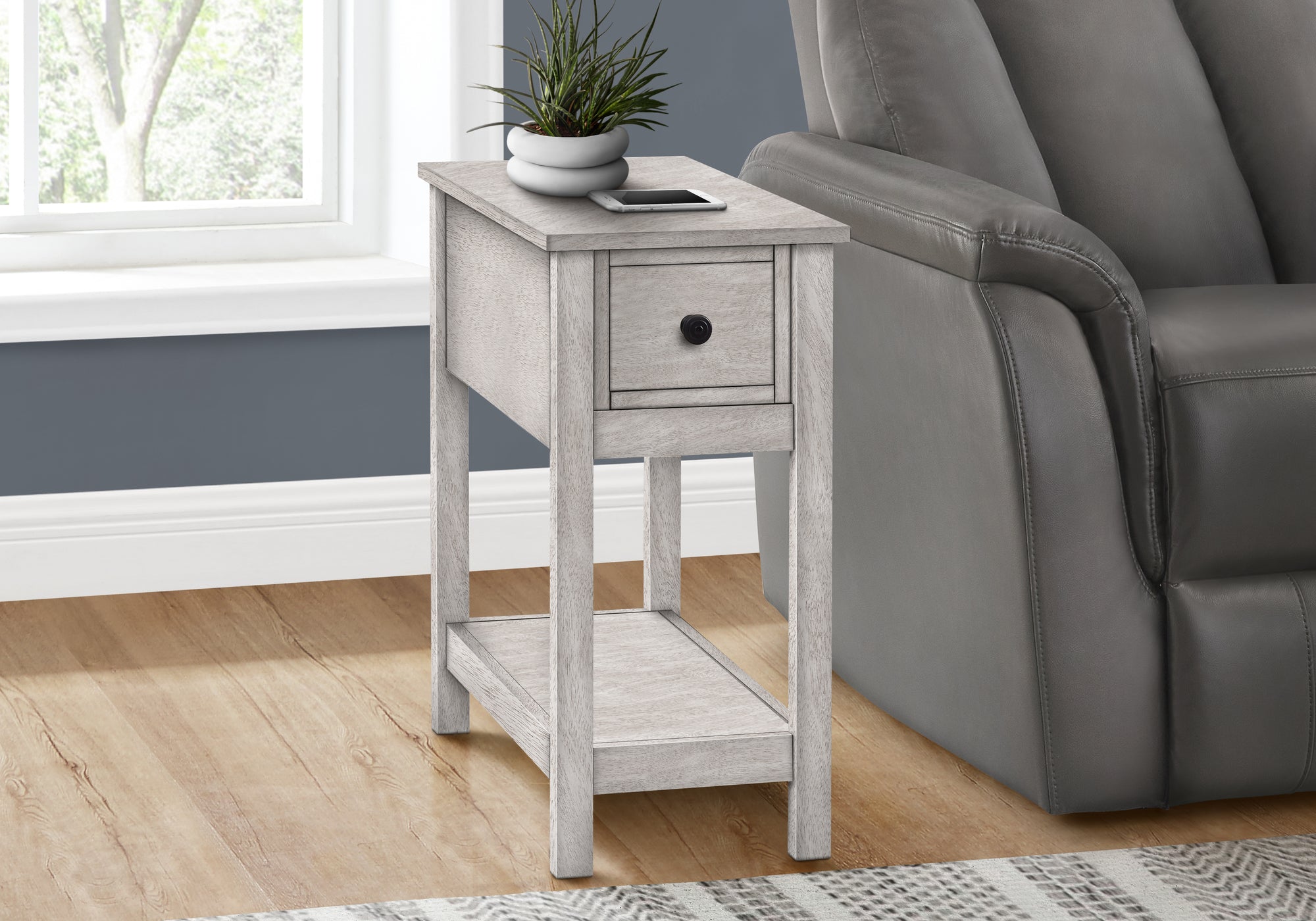 Accent Table, End, Side Table, 2 Tier, Narrow, Bedroom, Lamp, Storage Drawer, Grey Veneer, Transitional