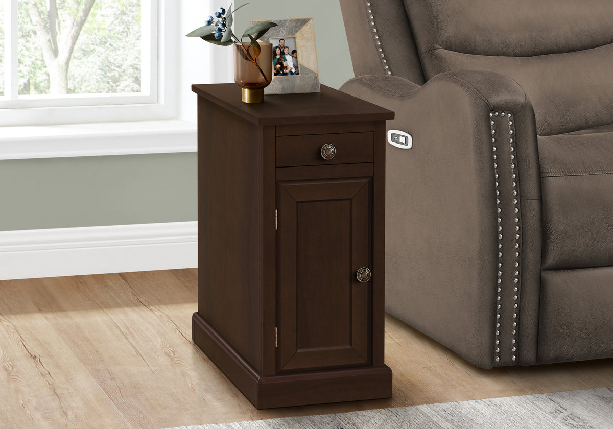 Accent Table, End, Side Table, Nightstand, Narrow, Bedroom, Lamp, Storage Drawer, Brown Veneer, Traditional