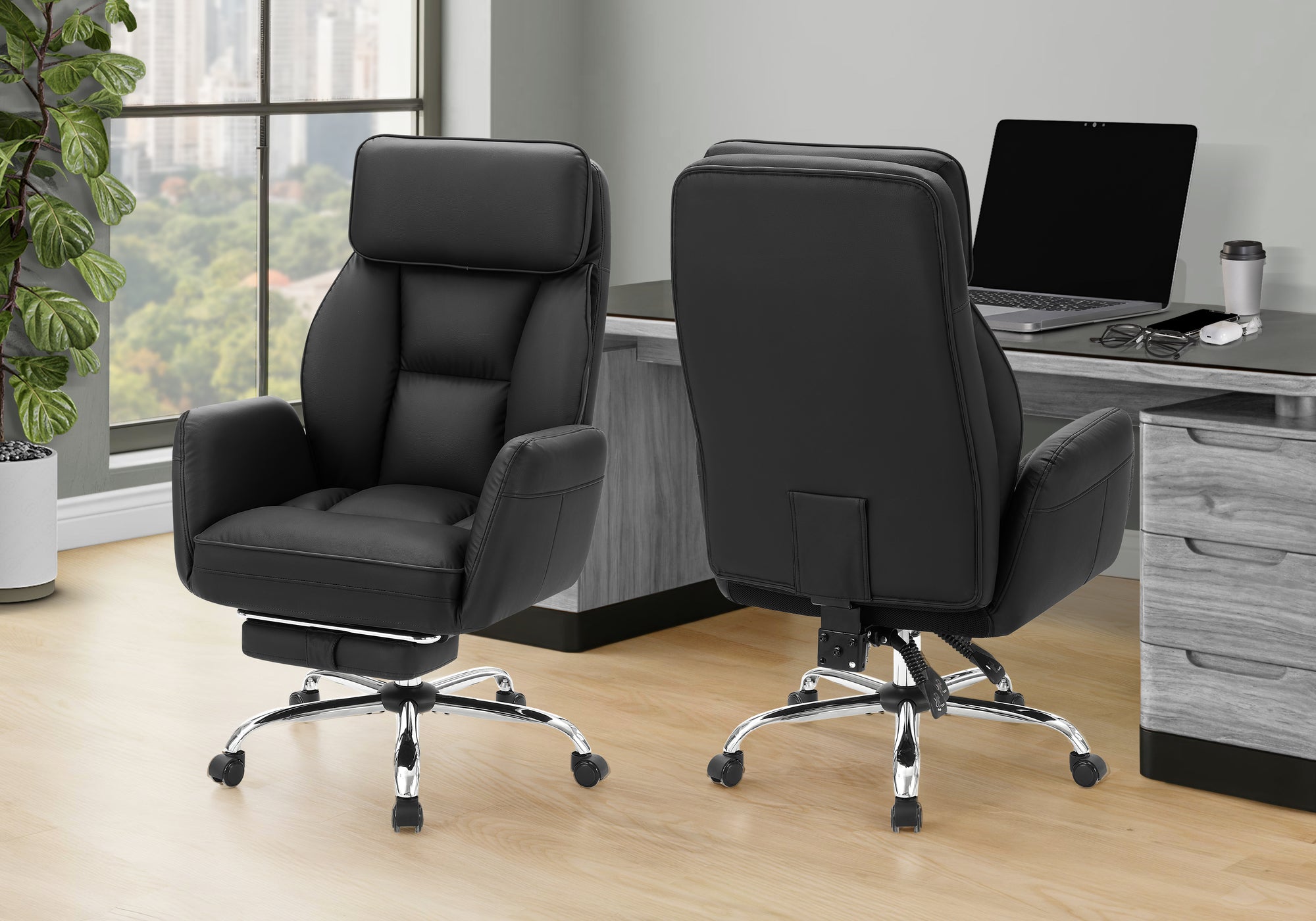 Office Chair, Adjustable Height, Armrests, Ergonomic, Swivel, Computer Desk, Work, Black Leather Look, Chrome Metal, Contemporar