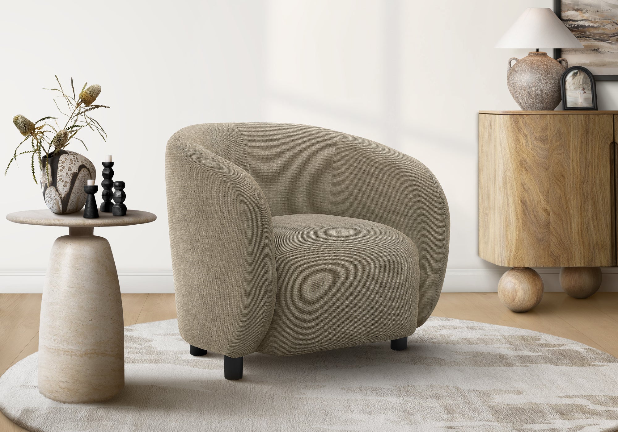 Accent Chair, 29H, Upholstered, Living Room, Bedroom, Light Brown Fabric, Black Legs, Contemporary, Modern