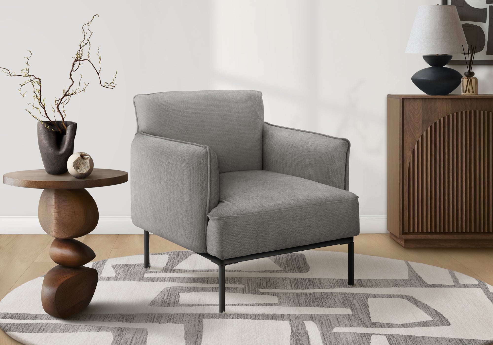Accent Chair, 33 H, Upholstered, Living Room, Bedroom, Light Grey Fabric, Black Metal Legs, Contemporary, Modern
