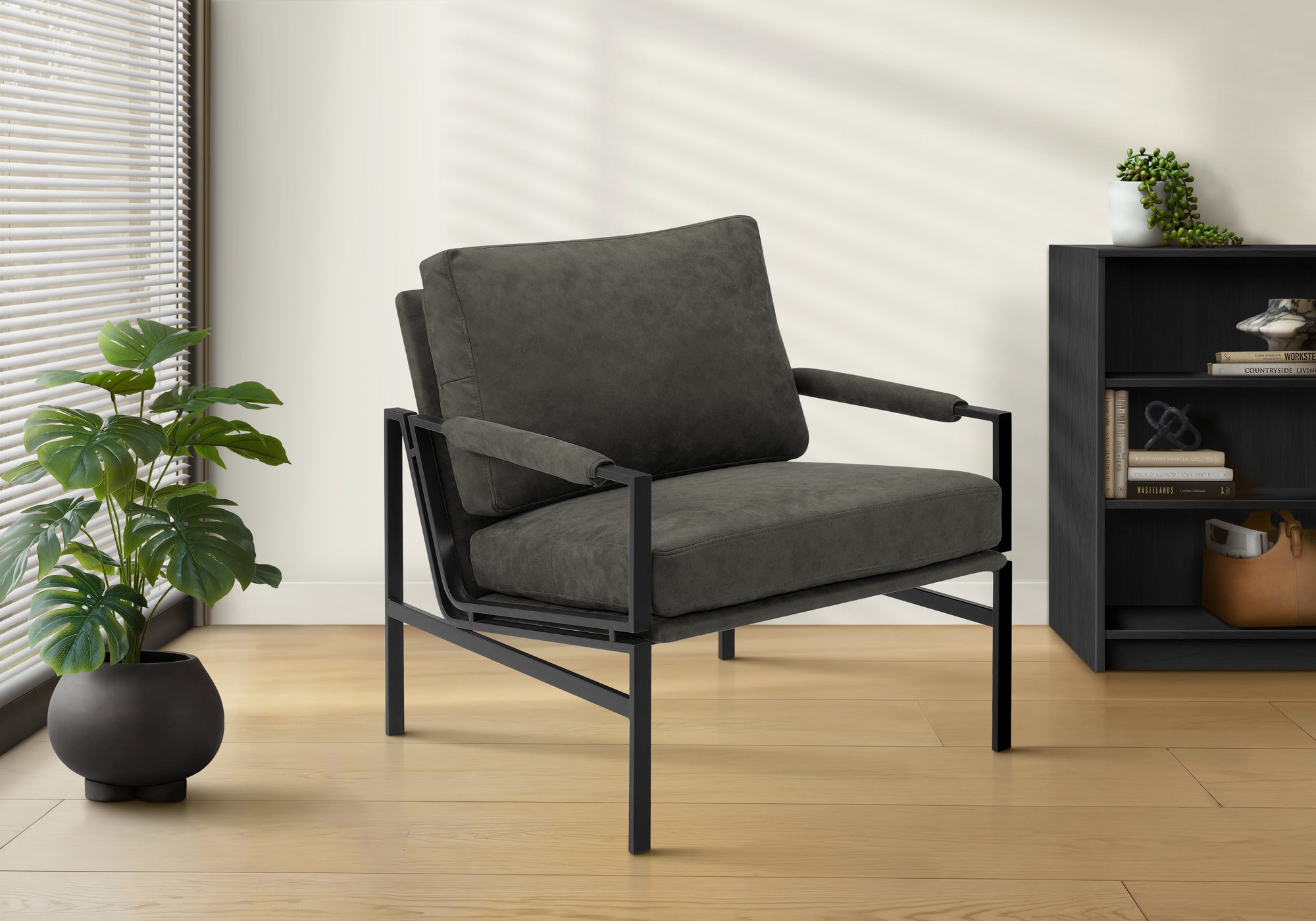 Accent Chair, 36H, Upholstered, Living Room, Bedroom, Dark Grey Fabric, Black Metal Legs, Contemporary, Modern