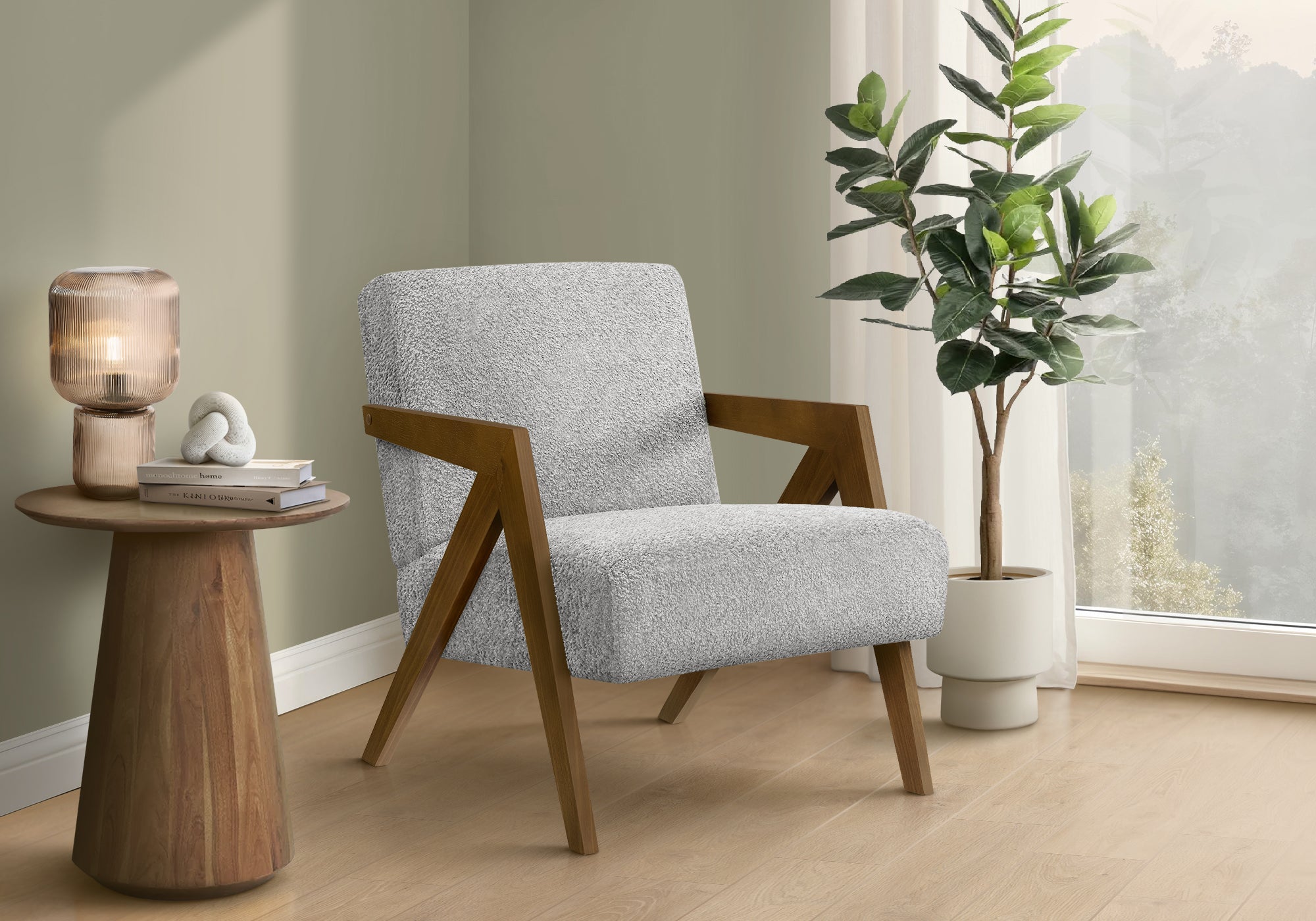 Accent Chair, 30H, Upholstered, Living Room, Bedroom, Light Grey Fabric, Brown Walnut Solid Wood, Modern, Mid Century
