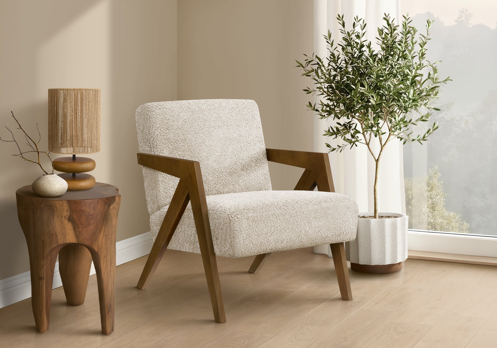 Accent Chair, 30H, Upholstered, Living Room, Bedroom, Cream Fabric, Brown Walnut Solid Wood, Modern, Mid Century