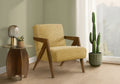 Accent Chair, 30H, Upholstered, Living Room, Bedroom, Yellow Fabric, Brown Walnut Solid Wood, Modern, Mid Century