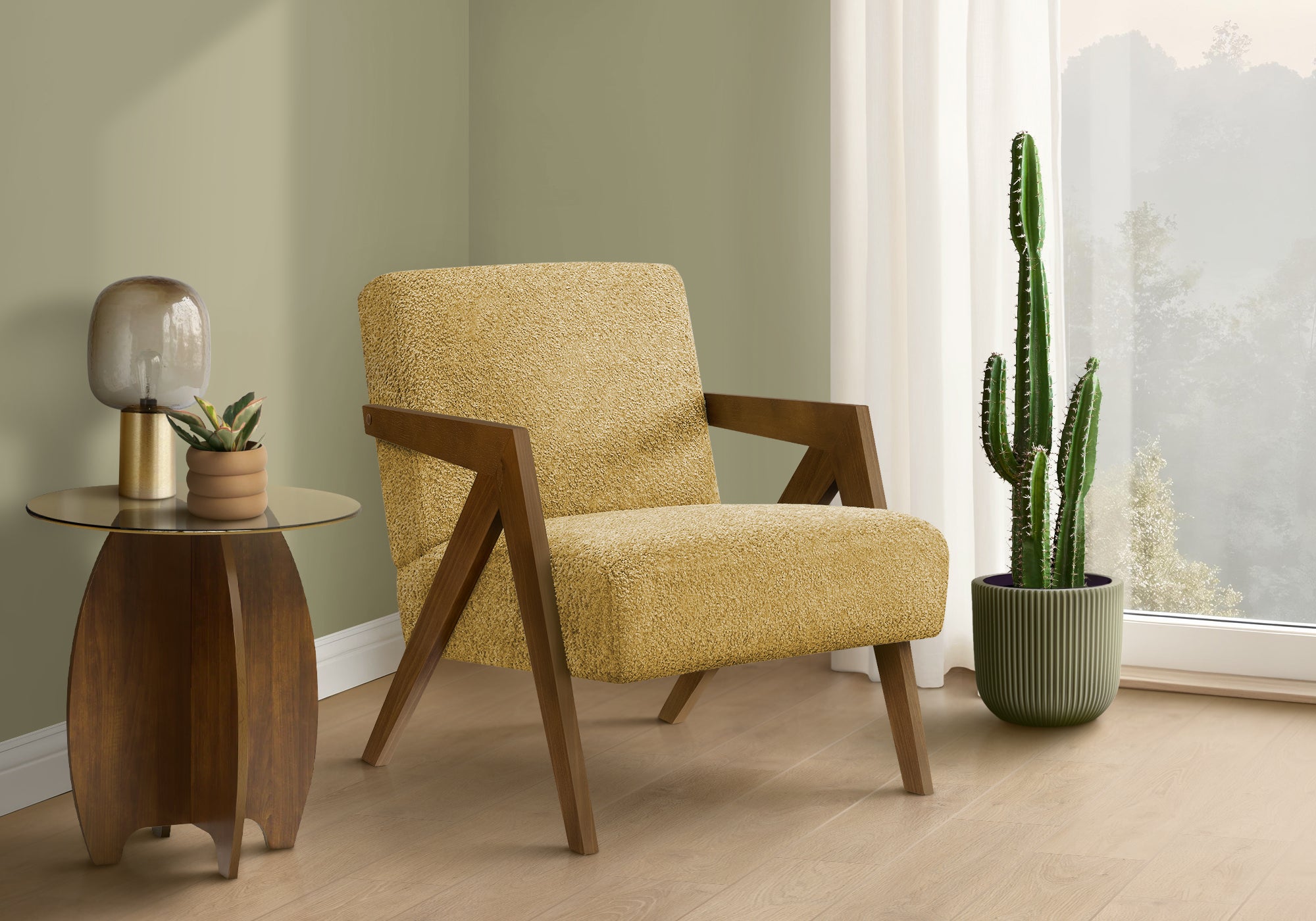 Accent Chair, 30H, Upholstered, Living Room, Bedroom, Yellow Fabric, Brown Walnut Solid Wood, Modern, Mid Century