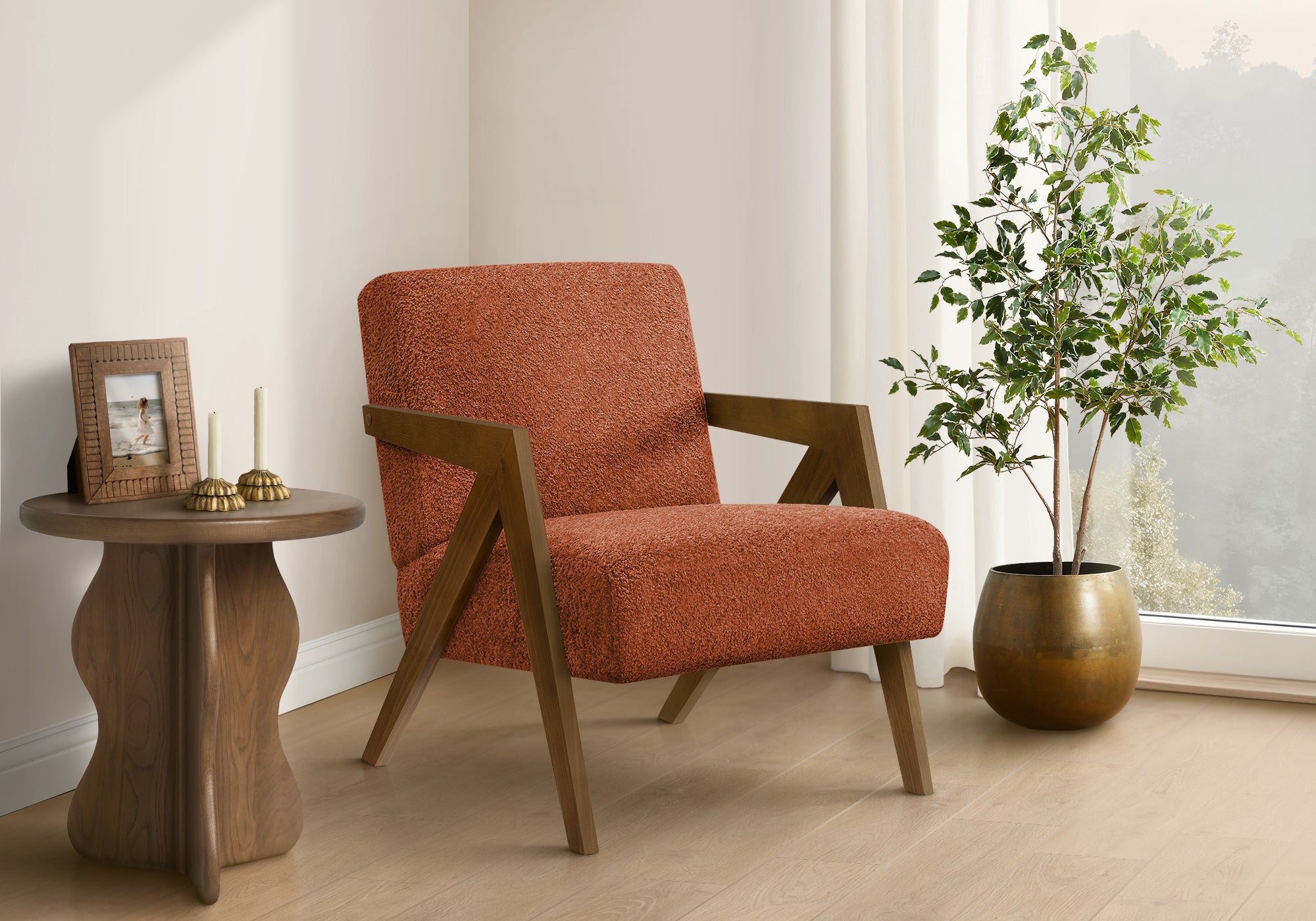 Accent Chair, 30H, Upholstered, Living Room, Bedroom, Red Fabric, Brown Walnut Solid Wood, Modern, Mid Century