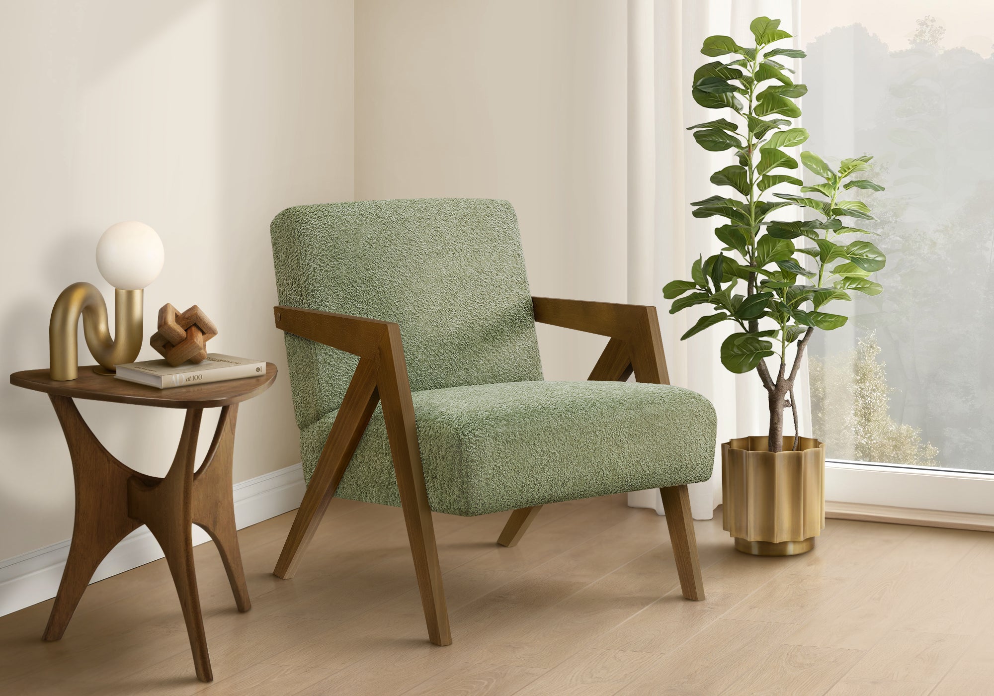 Accent Chair, 30H, Upholstered, Living Room, Bedroom, Green Fabric, Brown Walnut Solid Wood, Modern, Mid Century