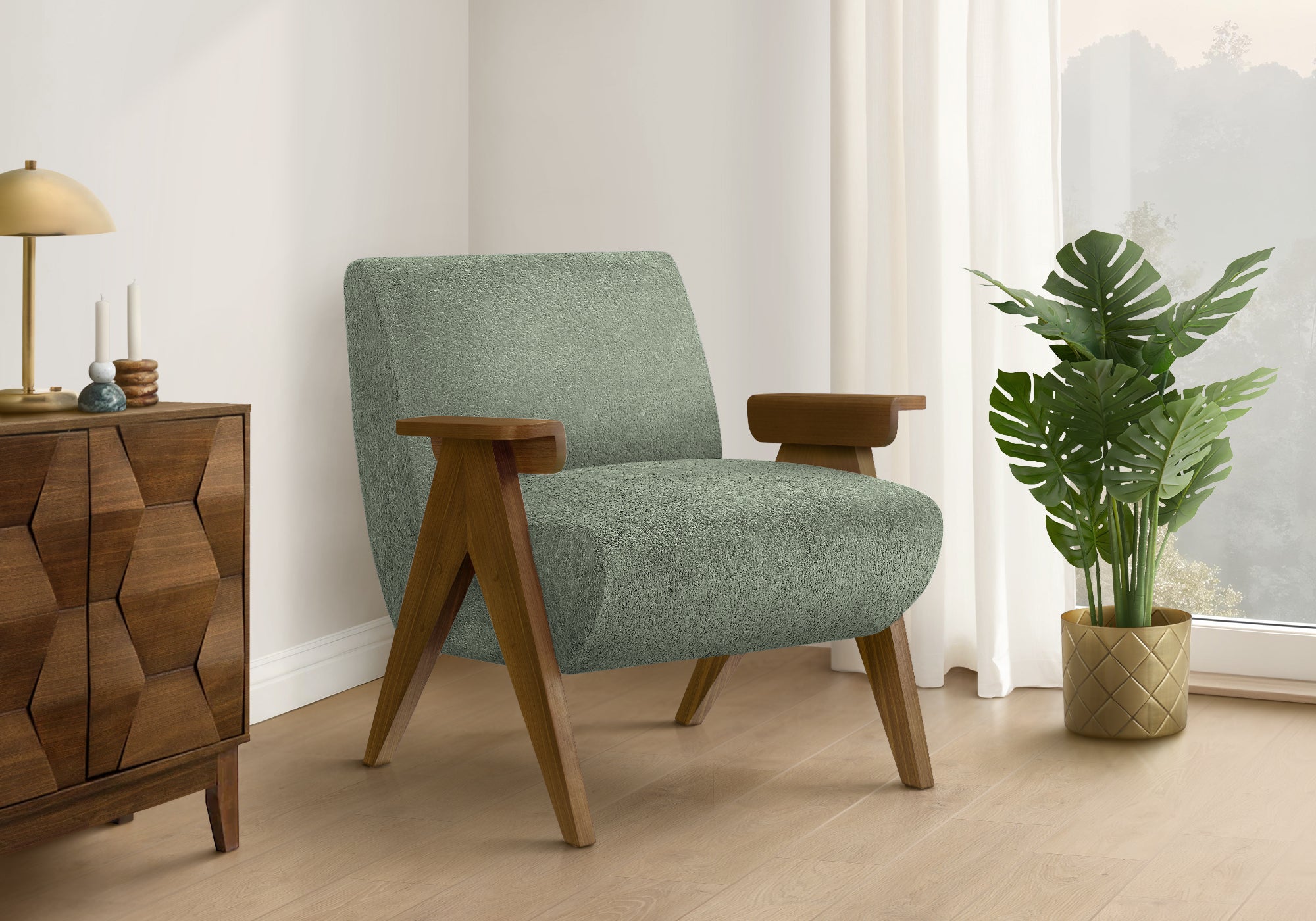 Accent Chair, 31H, Upholstered, Living Room, Bedroom, Green Fabric, Brown Walnut Solid Wood, Modern, Mid Century