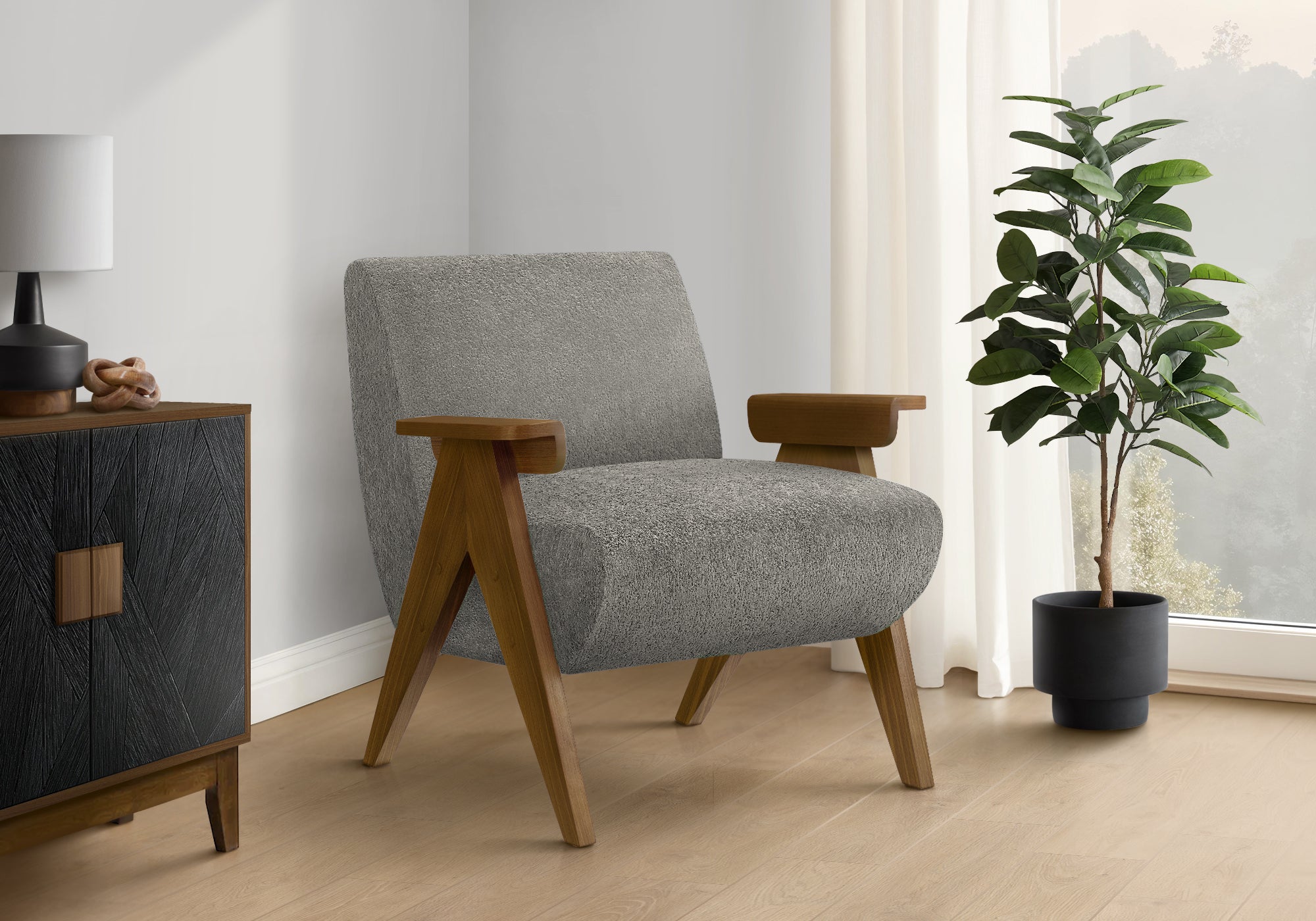 Accent Chair, 31H, Upholstered, Living Room, Bedroom, Dark Grey Fabric, Brown Walnut Solid Wood, Modern, Mid Century