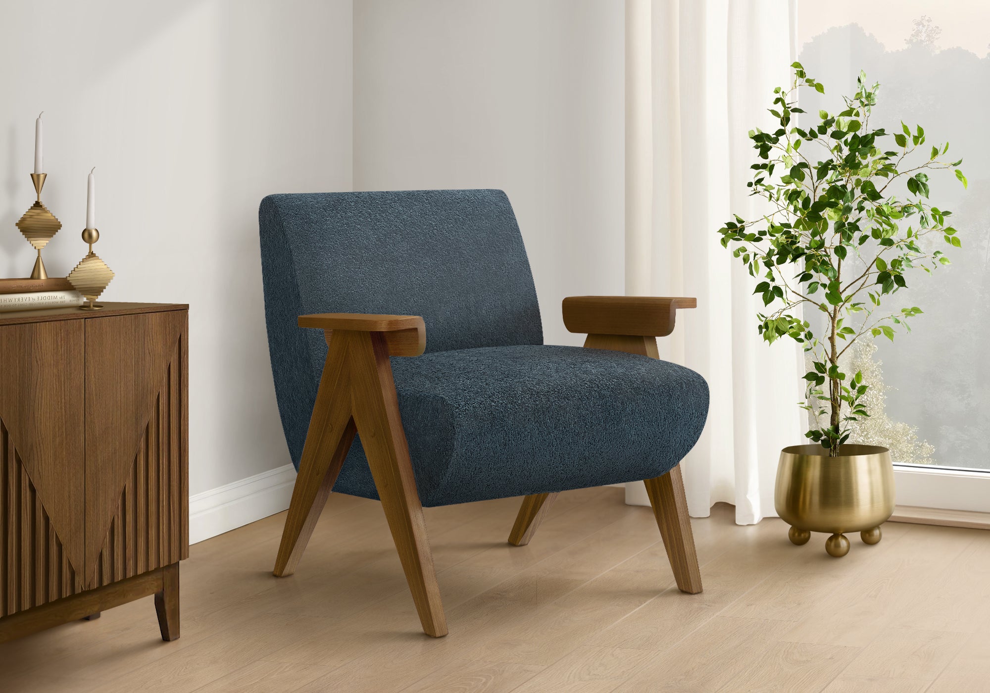 Accent Chair, 31H, Upholstered, Living Room, Bedroom, Blue Fabric, Brown Walnut Solid Wood, Modern, Mid Century