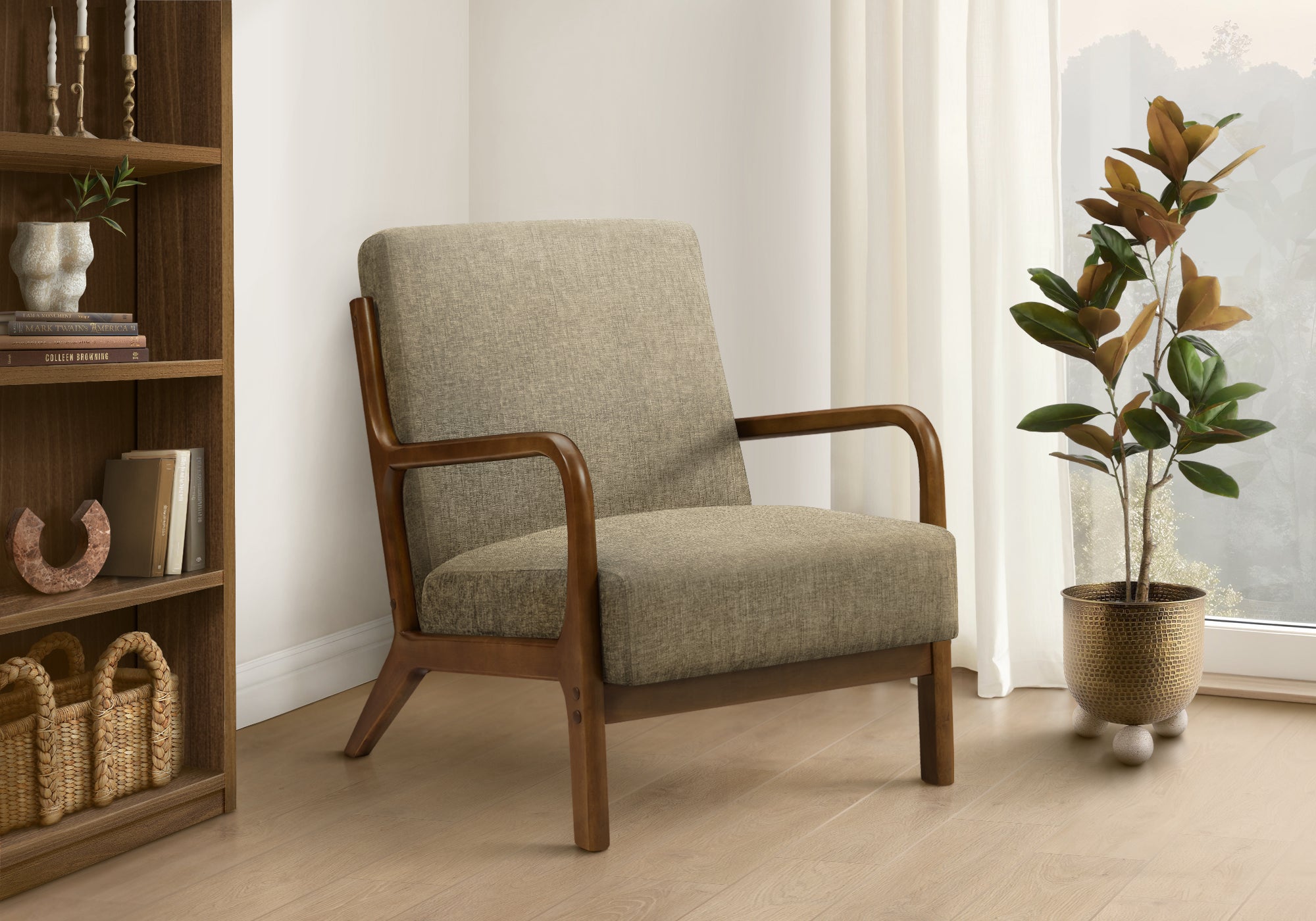 Accent Chair, 34H, Upholstered, Living Room, Bedroom, Light Brown Fabric, Brown Walnut Solid Wood, Modern, Mid Century