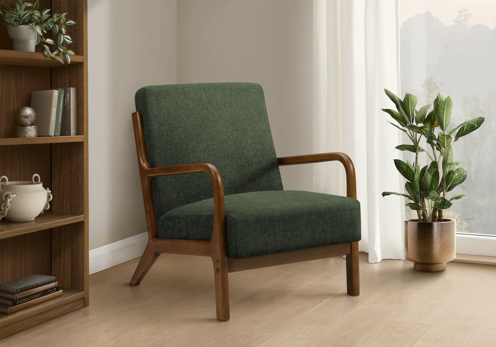 Accent Chair, 34H, Upholstered, Living Room, Bedroom, Green Fabric, Brown Walnut Solid Wood, Modern, Mid Century