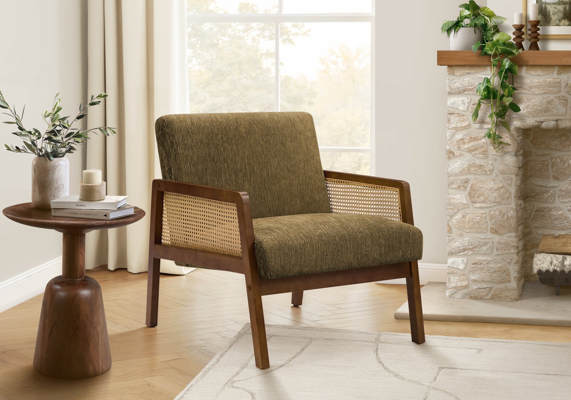 Accent Chair, 30H, Upholstered, Living Room, Bedroom, Brown Fabric, Brown Walnut Solid Wood, Modern, Mid Century
