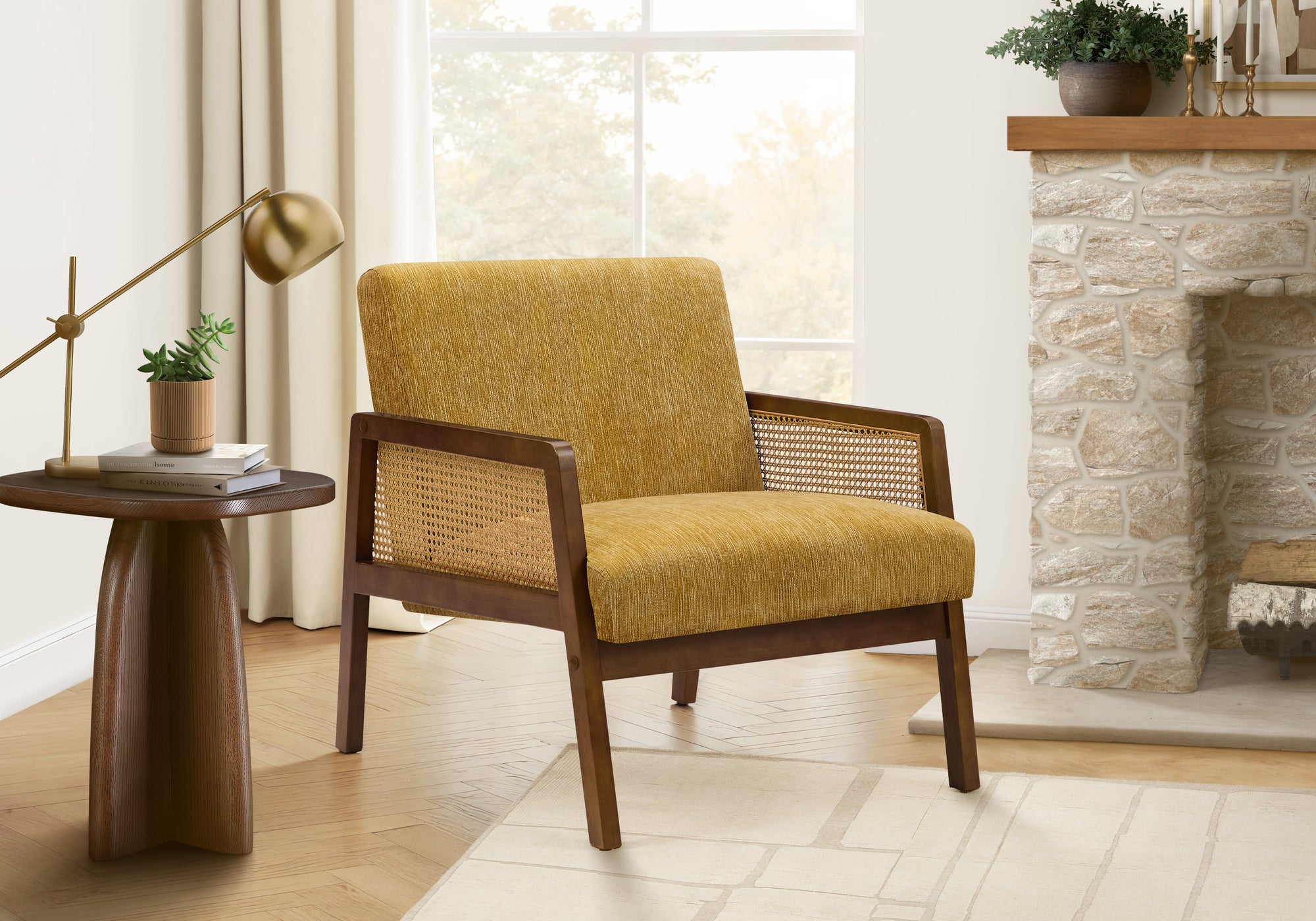 Accent Chair, 30H, Upholstered, Living Room, Bedroom, Gold Fabric, Brown Walnut Solid Wood, Modern, Mid Century