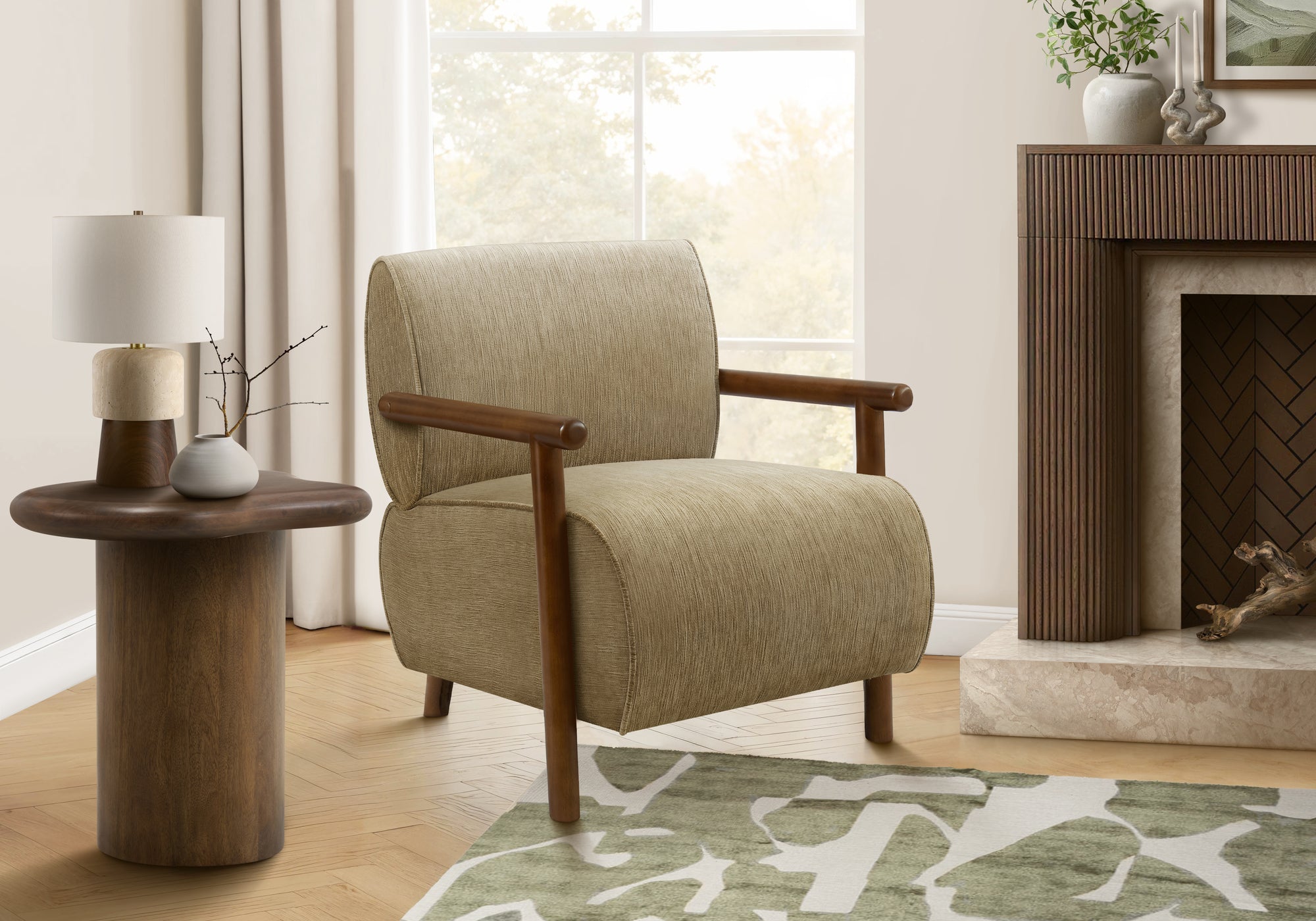 Accent Chair, 31H, Upholstered, Living Room, Bedroom, Light Brown Fabric, Brown Walnut Solid Wood, Modern, Mid Century