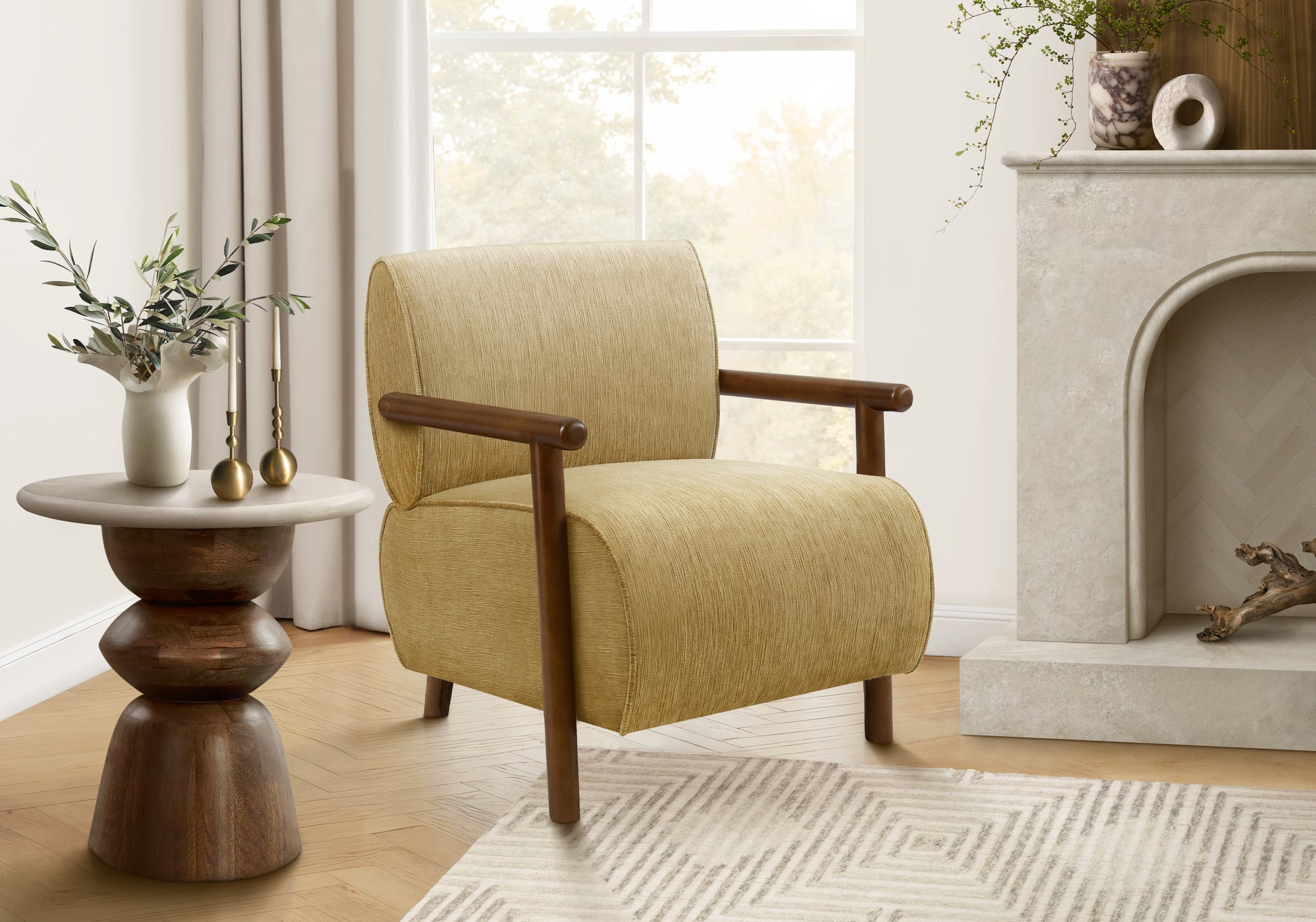 Accent Chair, 31H, Upholstered, Living Room, Bedroom, Gold Fabric, Brown Walnut Solid Wood, Modern, Mid Century