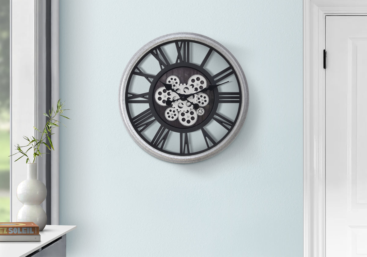 Clocks, 20 Inch Round, Gear Mechanism, Wall Clock, Black, Silver, Transitional