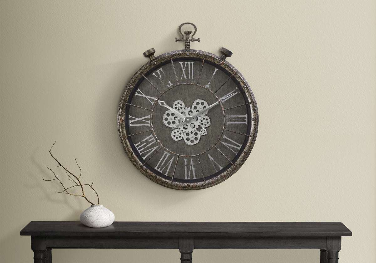 Clocks, 24 Inch Round, Gear Mechanism, Wall Clock, Grey, Transitional