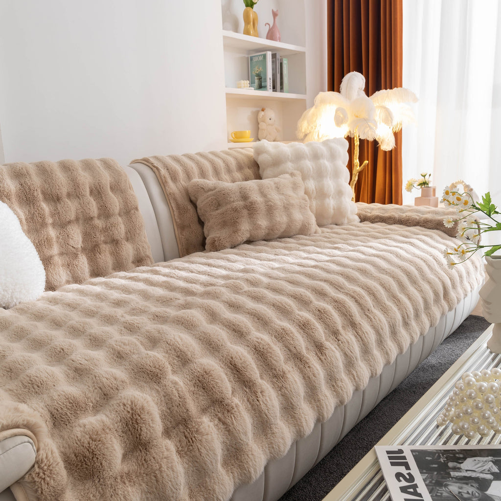 Thick Sofa Seat Pad Solid Color Faux Fur Fluffy Sofa Cushion Non-Slip Couch Covers