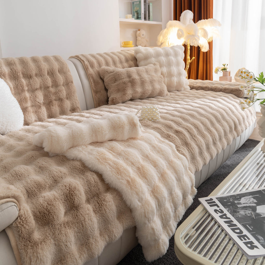 Thick Sofa Seat Pad Solid Color Faux Fur Fluffy Sofa Cushion Non-Slip Couch Covers