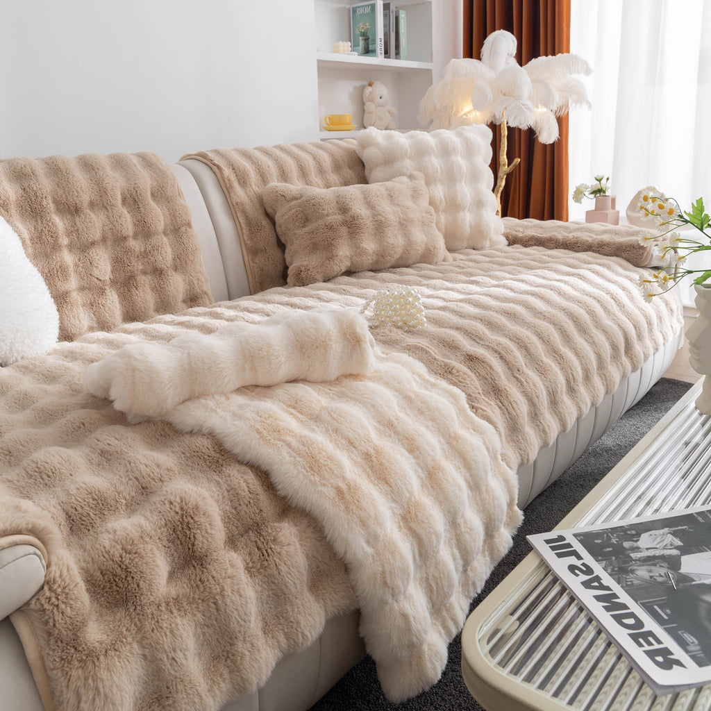 Thick Sofa Seat Pad Solid Color Faux Fur Fluffy Sofa Cushion Non-Slip Couch Covers