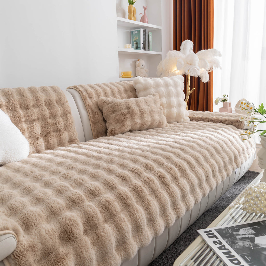 Thick Sofa Seat Pad Solid Color Faux Fur Fluffy Sofa Cushion Non-Slip Couch Covers