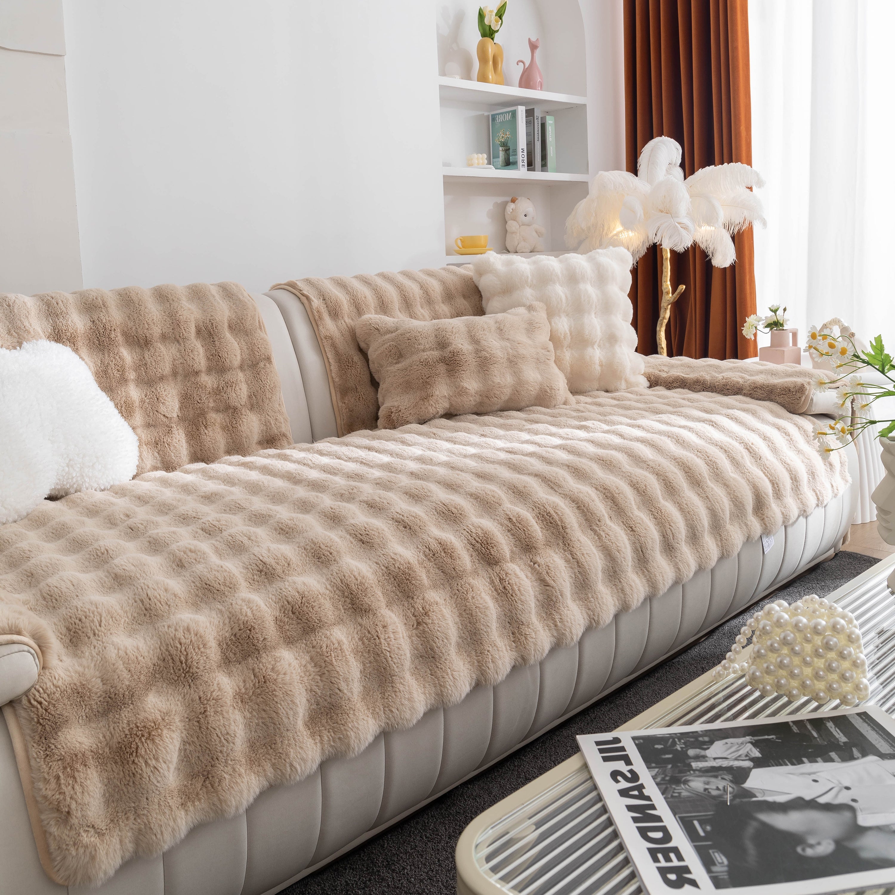 Thick Sofa Seat Pad Solid Color Faux Fur Fluffy Sofa Cushion Non-Slip Couch Covers