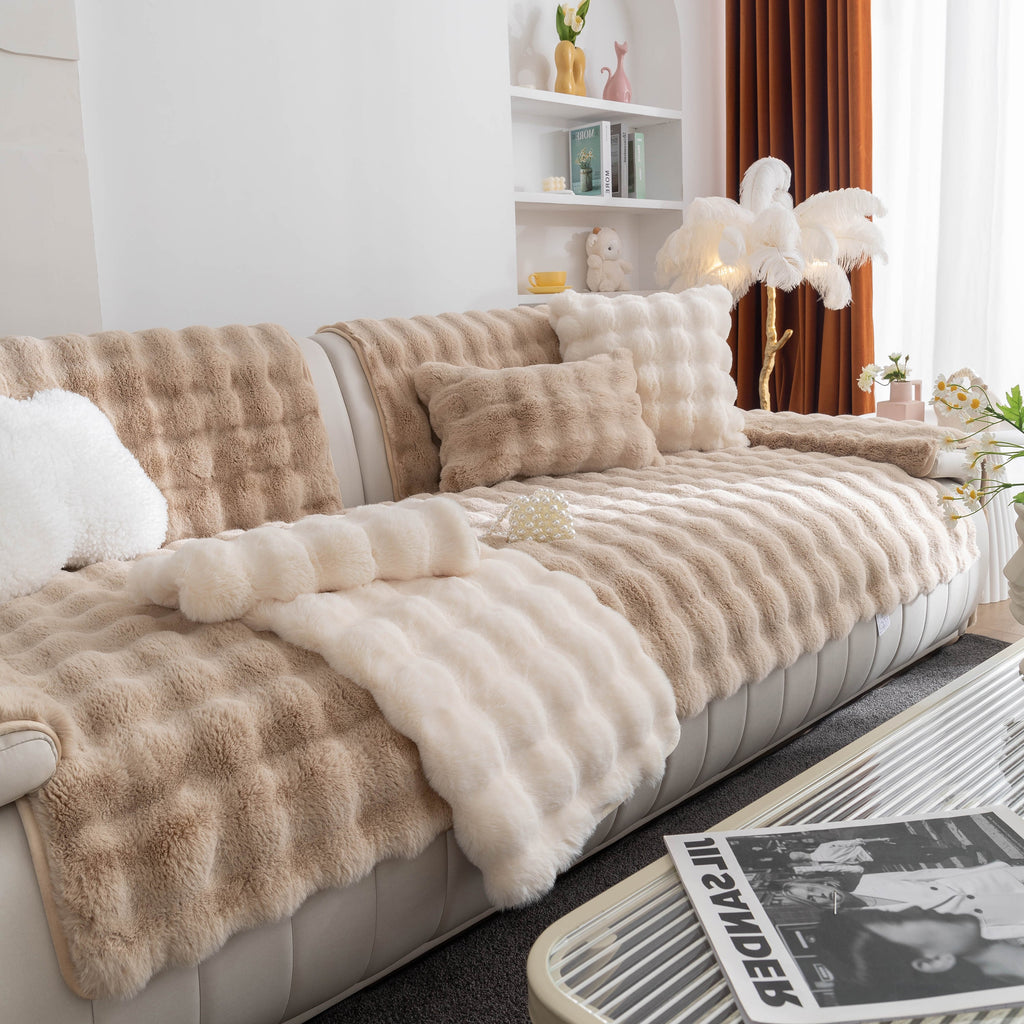 Thick Sofa Seat Pad Solid Color Faux Fur Fluffy Sofa Cushion Non-Slip Couch Covers