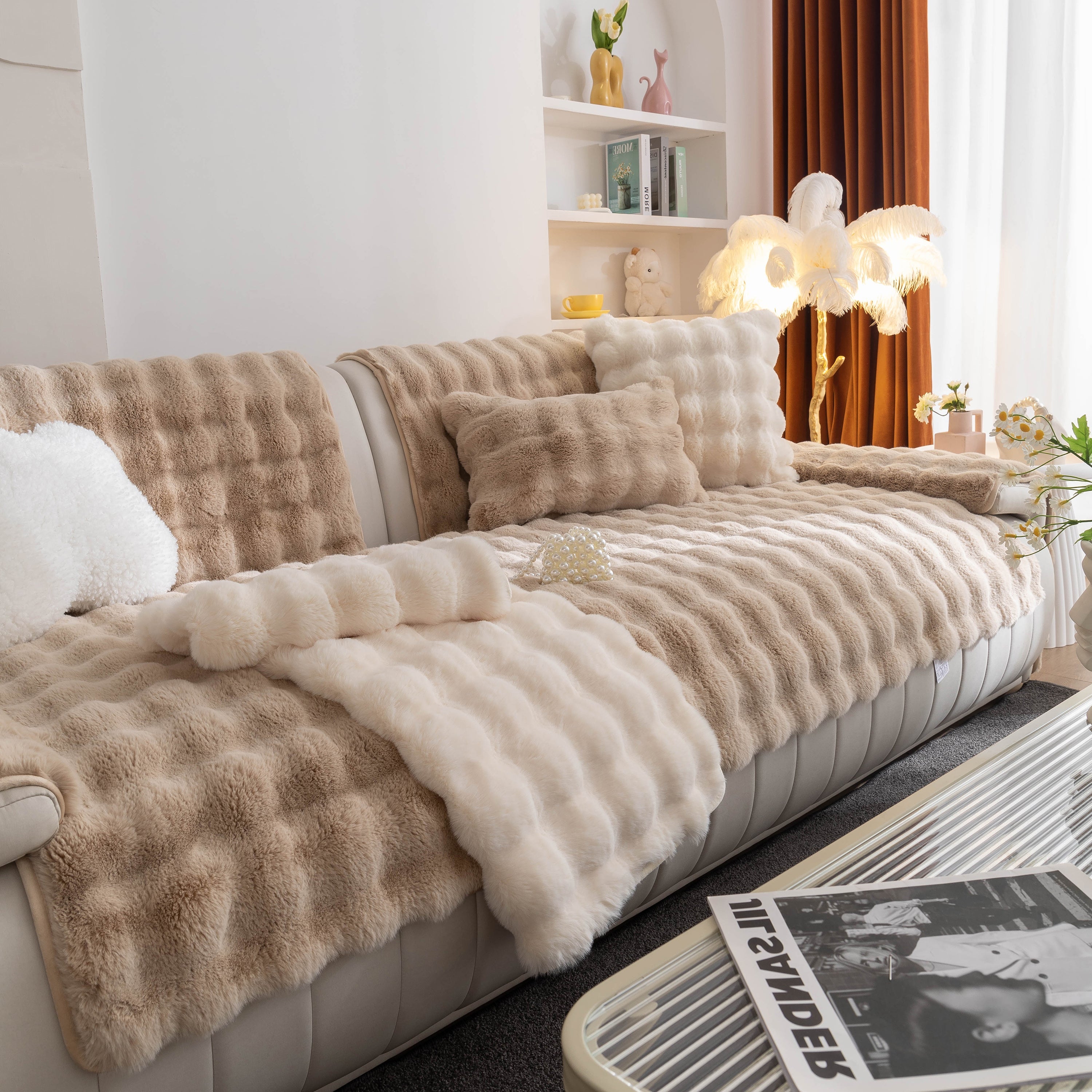 Thick Sofa Seat Pad Solid Color Faux Fur Fluffy Sofa Cushion Non-Slip Couch Covers