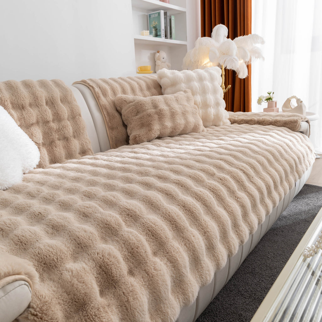 Thick Sofa Seat Pad Solid Color Faux Fur Fluffy Sofa Cushion Non-Slip Couch Covers