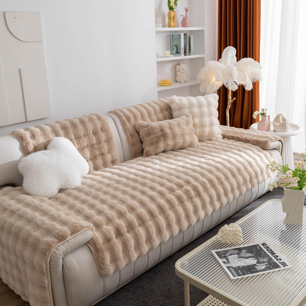 Thick Sofa Seat Pad Solid Color Faux Fur Fluffy Sofa Cushion Non-Slip Couch Covers