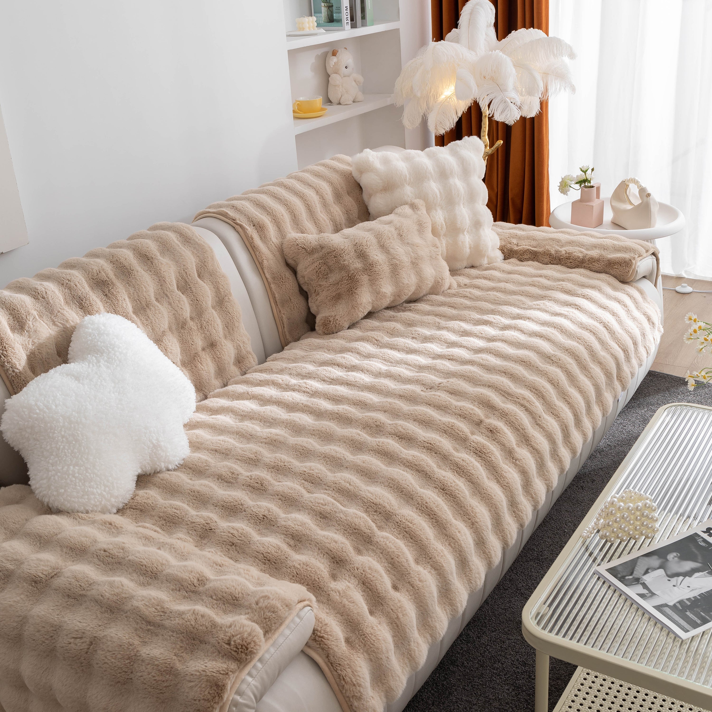 Thick Sofa Seat Pad Solid Color Faux Fur Fluffy Sofa Cushion Non-Slip Couch Covers