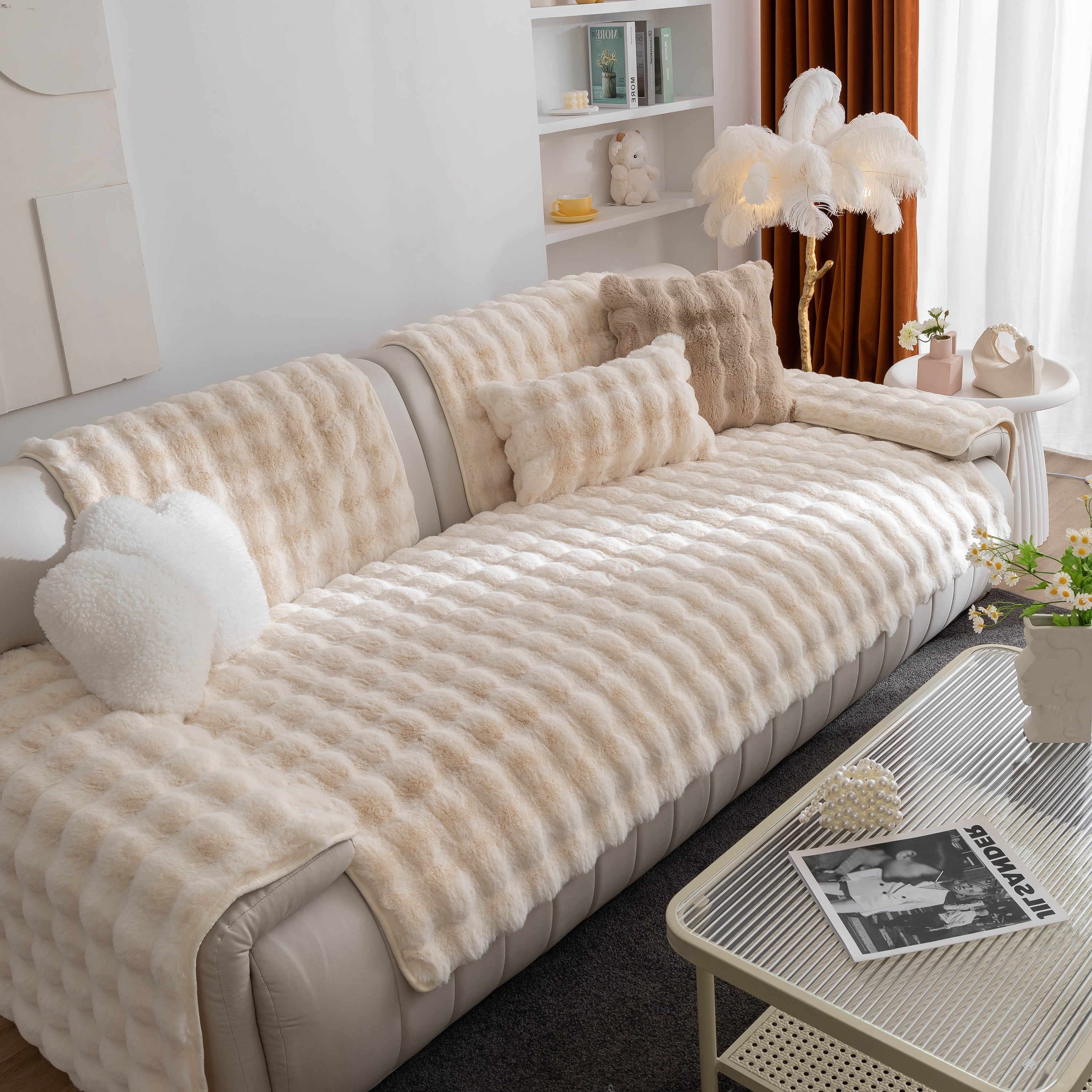 Thick Sofa Seat Pad Solid Color Faux Fur Fluffy Sofa Cushion Non-Slip Couch Covers