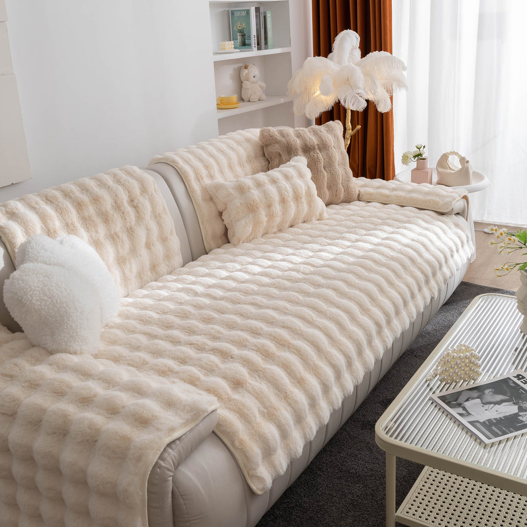 Thick Sofa Seat Pad Solid Color Faux Fur Fluffy Sofa Cushion Non-Slip Couch Covers