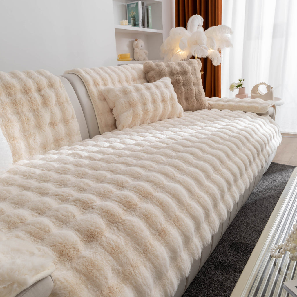 Thick Sofa Seat Pad Solid Color Faux Fur Fluffy Sofa Cushion Non-Slip Couch Covers