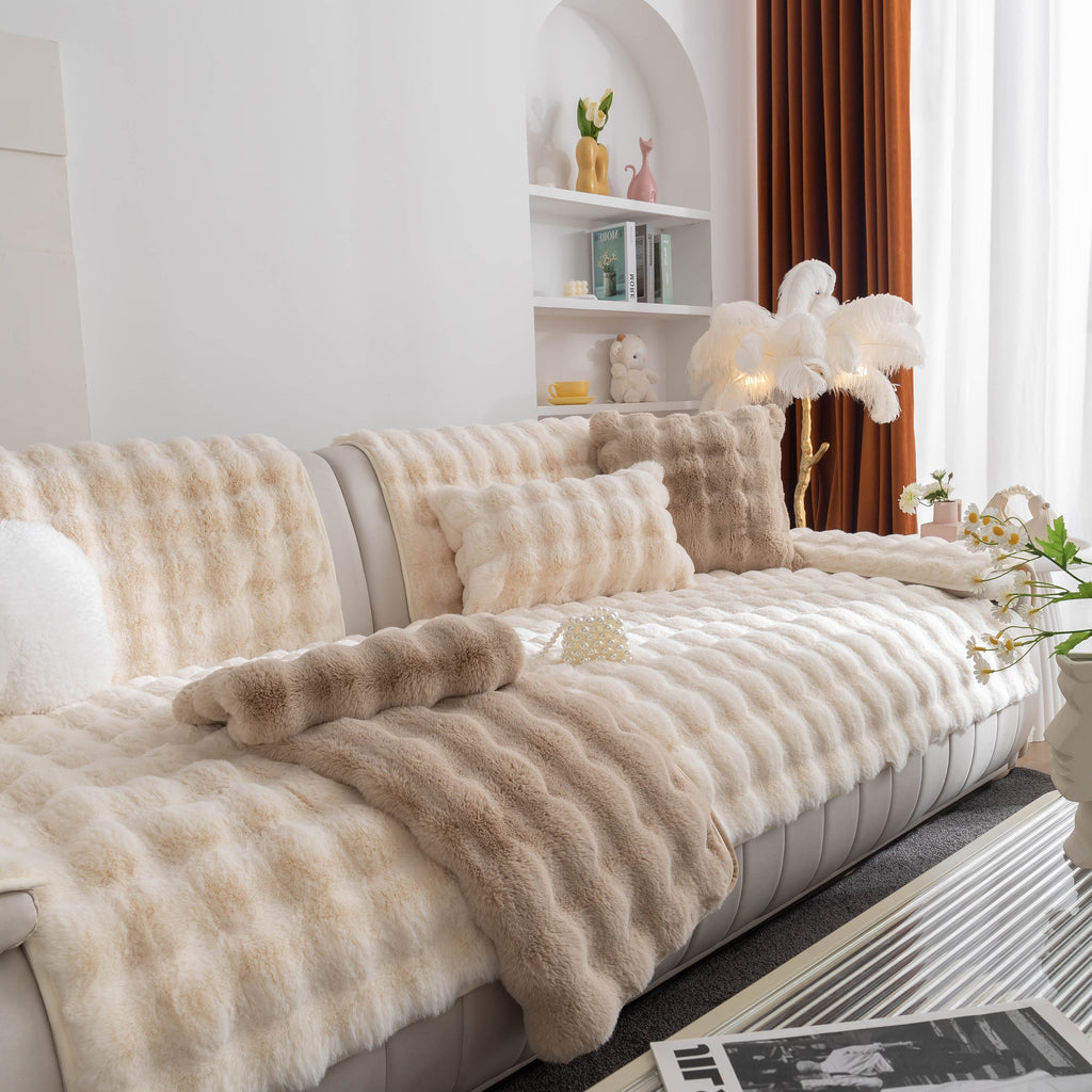 Thick Sofa Seat Pad Solid Color Faux Fur Fluffy Sofa Cushion Non-Slip Couch Covers