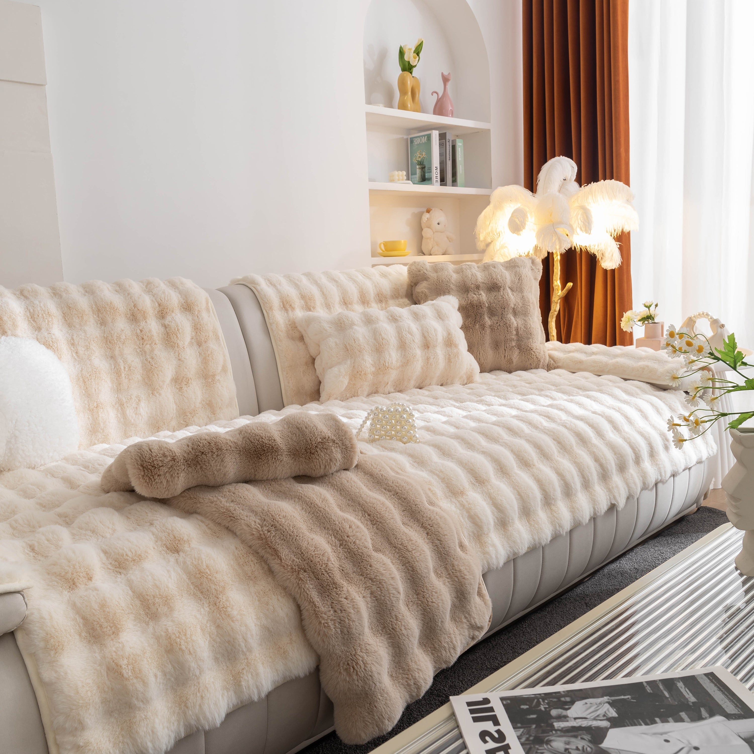 Thick Sofa Seat Pad Solid Color Faux Fur Fluffy Sofa Cushion Non-Slip Couch Covers